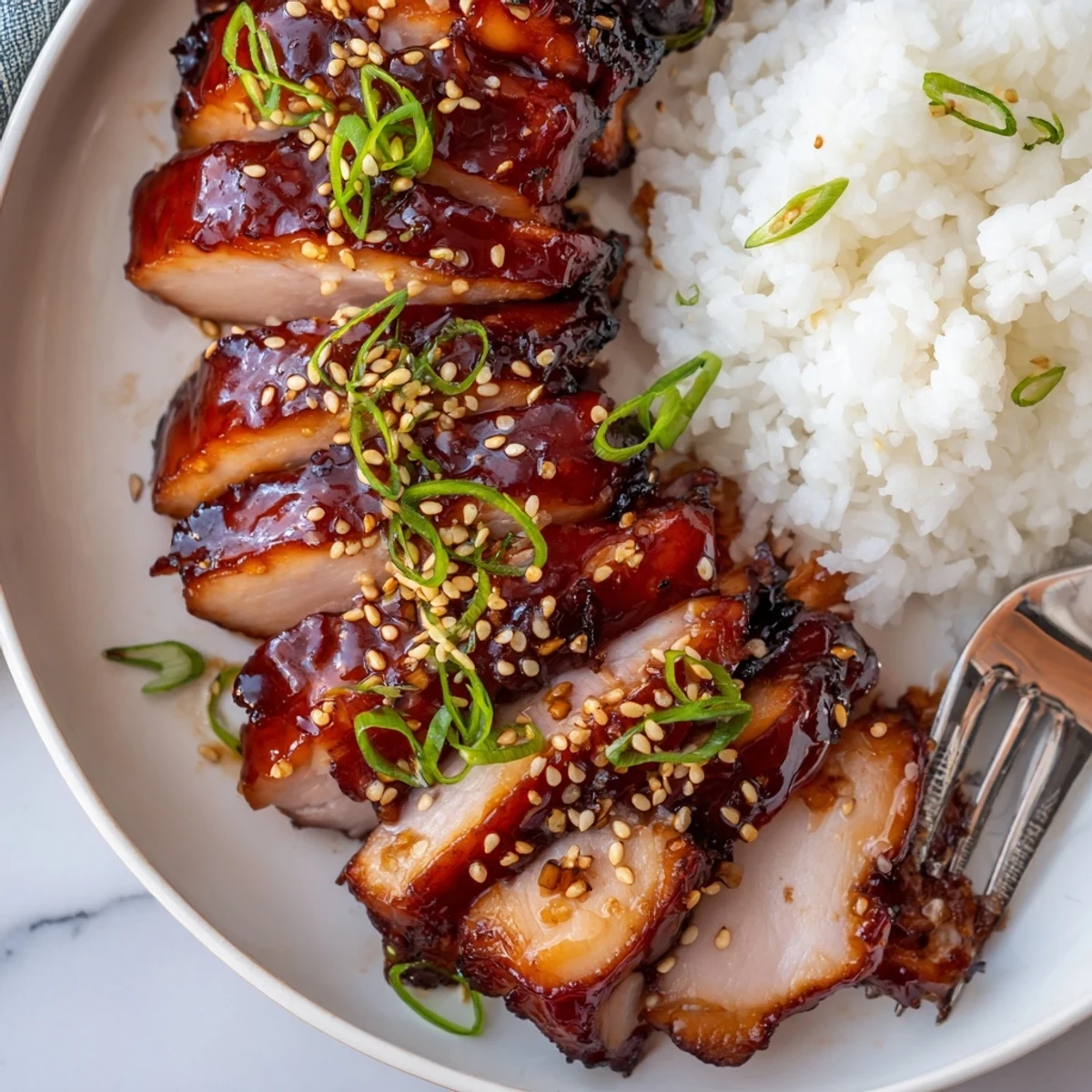 Oven-roasted Char Siu Chicken sliced, glossy caramelized edges, green onions and sesame seeds