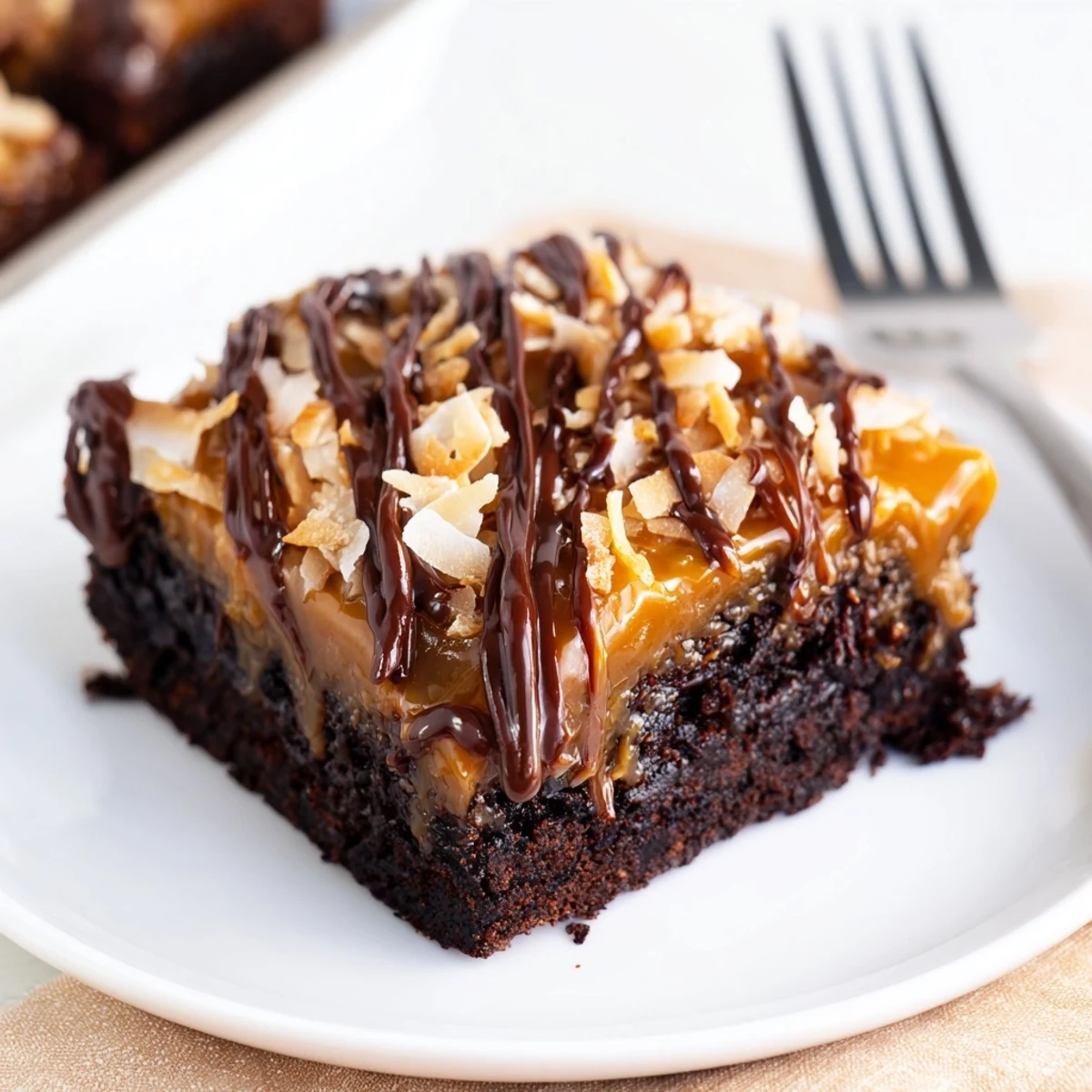 Samoa Brownies: fudgy squares topped with gooey caramel, shredded coconut, chocolate drizzle