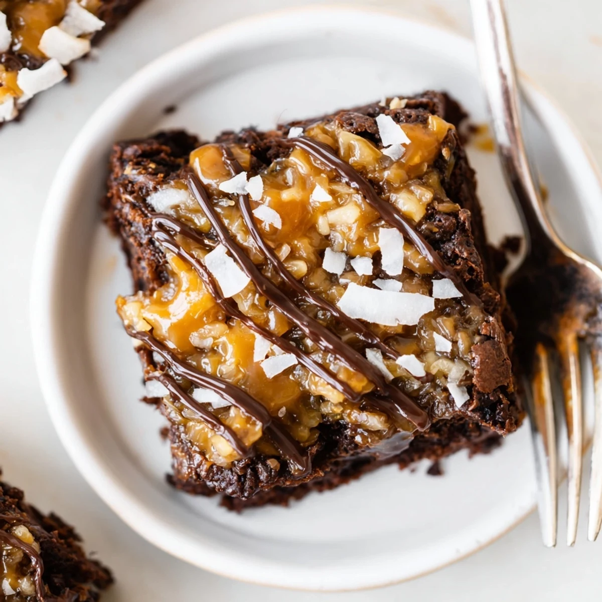 Warm Samoa Brownies cooling on parchment, glistening caramel and golden toasted coconut