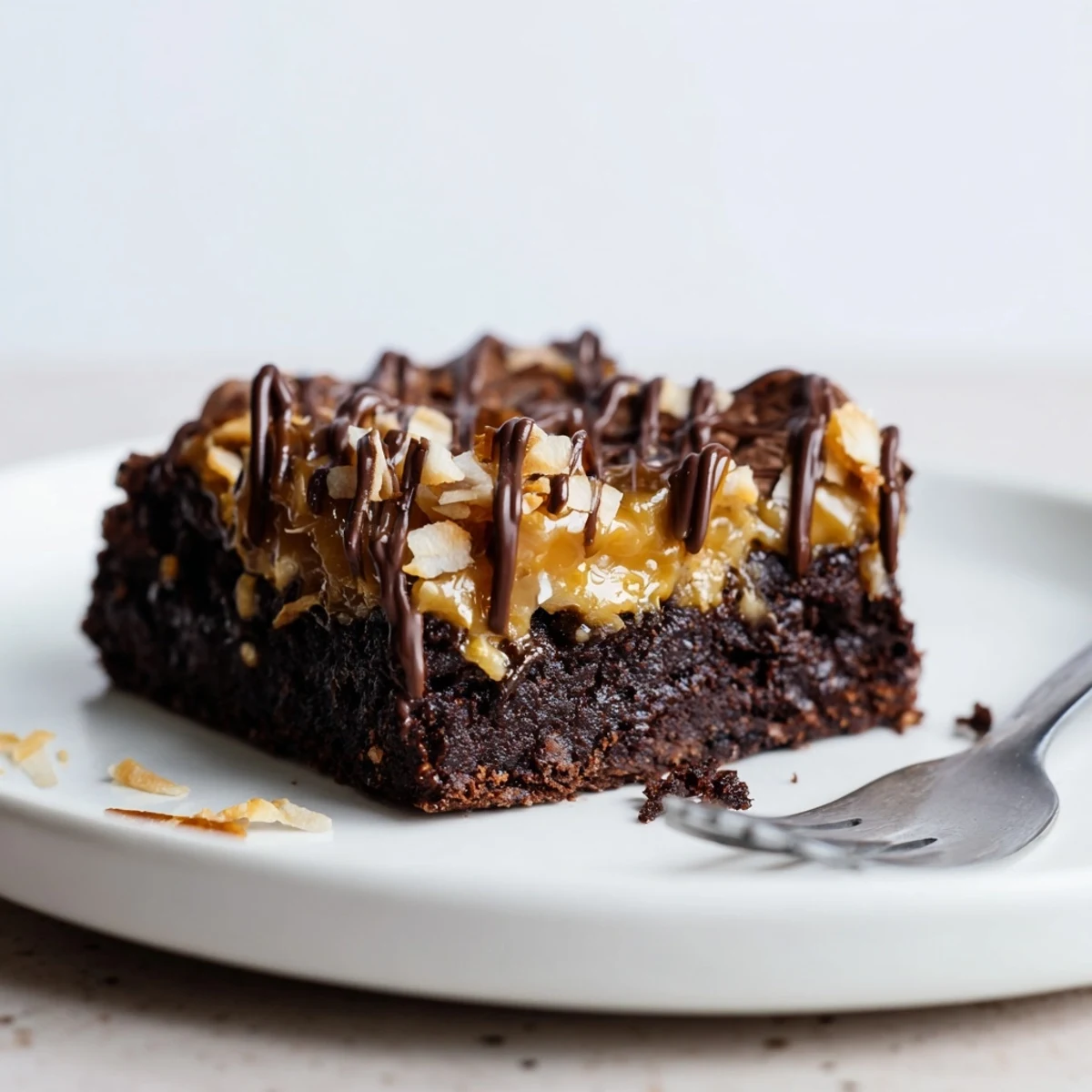 Samoa Brownies plated with vanilla ice cream and drippy chocolate, coconut crunch