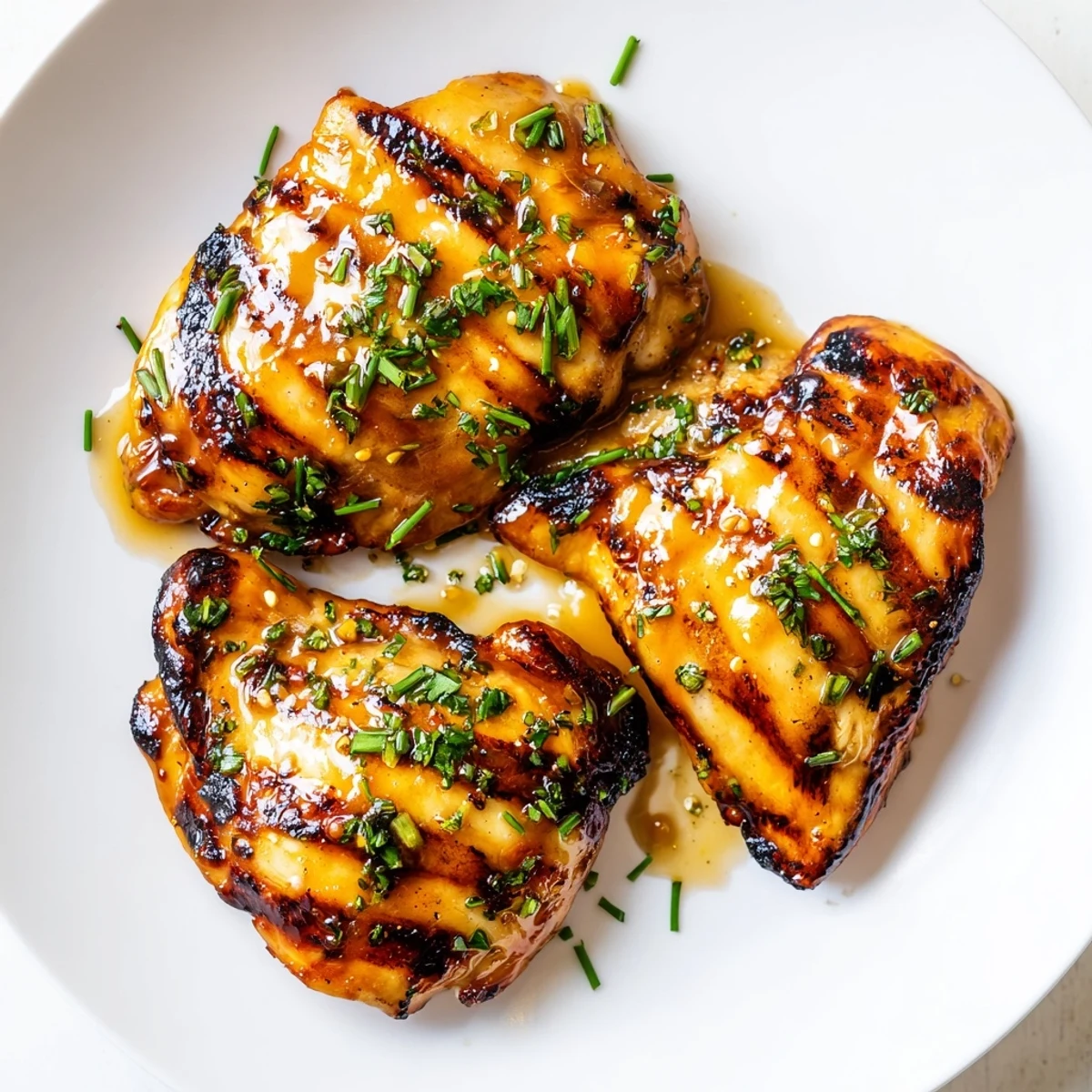 Grilled Honey Buffalo Chicken Thighs glistening with sticky sauce, charred edges