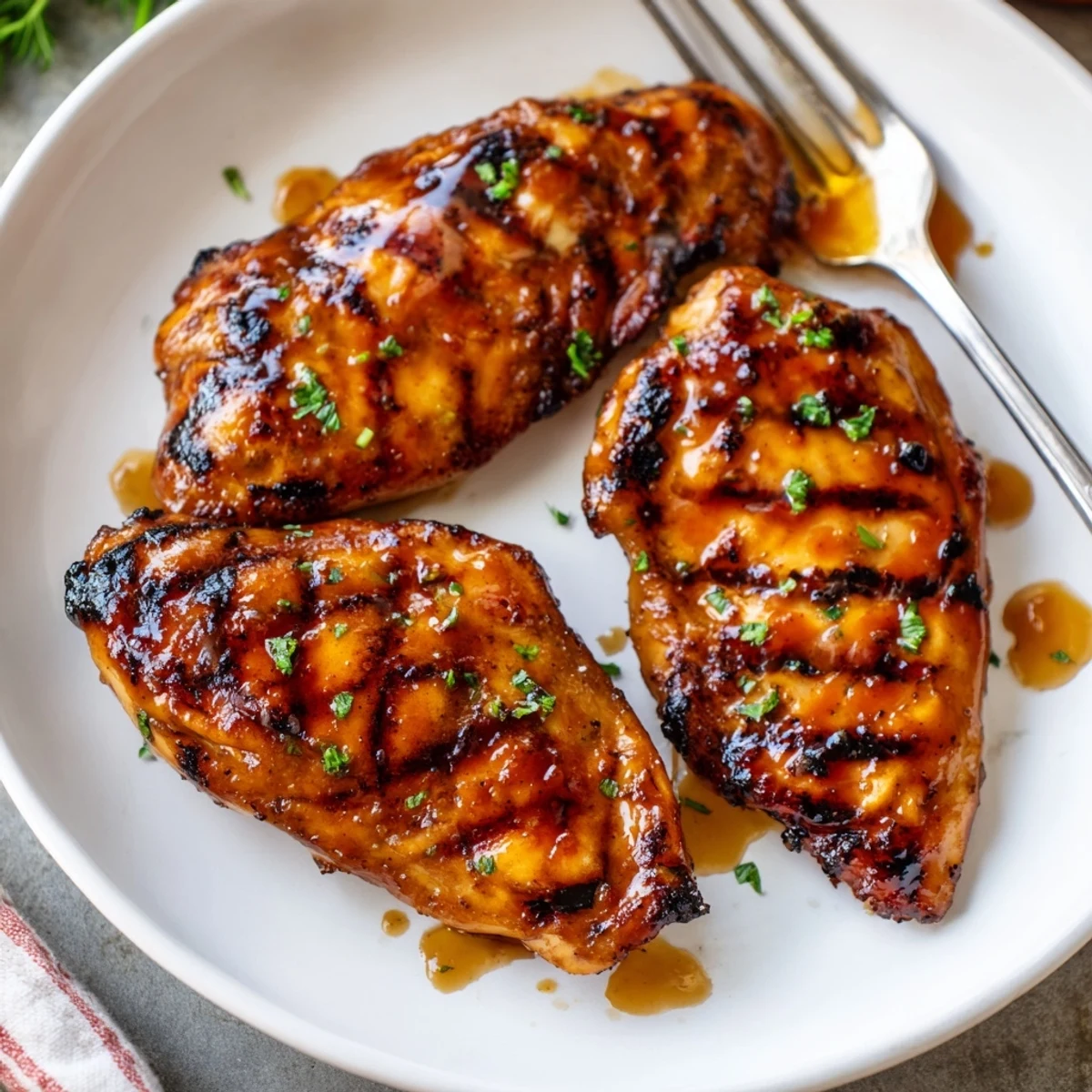 Juicy Grilled Honey Buffalo Chicken Thighs basted on the grill, garnished parsley