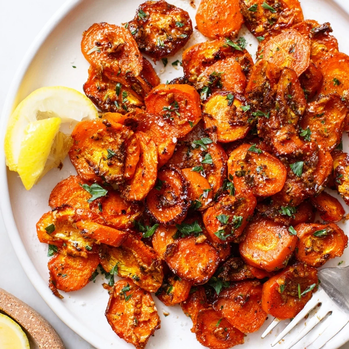 Crispy Smashed Carrots glisten with caramelized edges, sprinkled parsley and Parmesan.