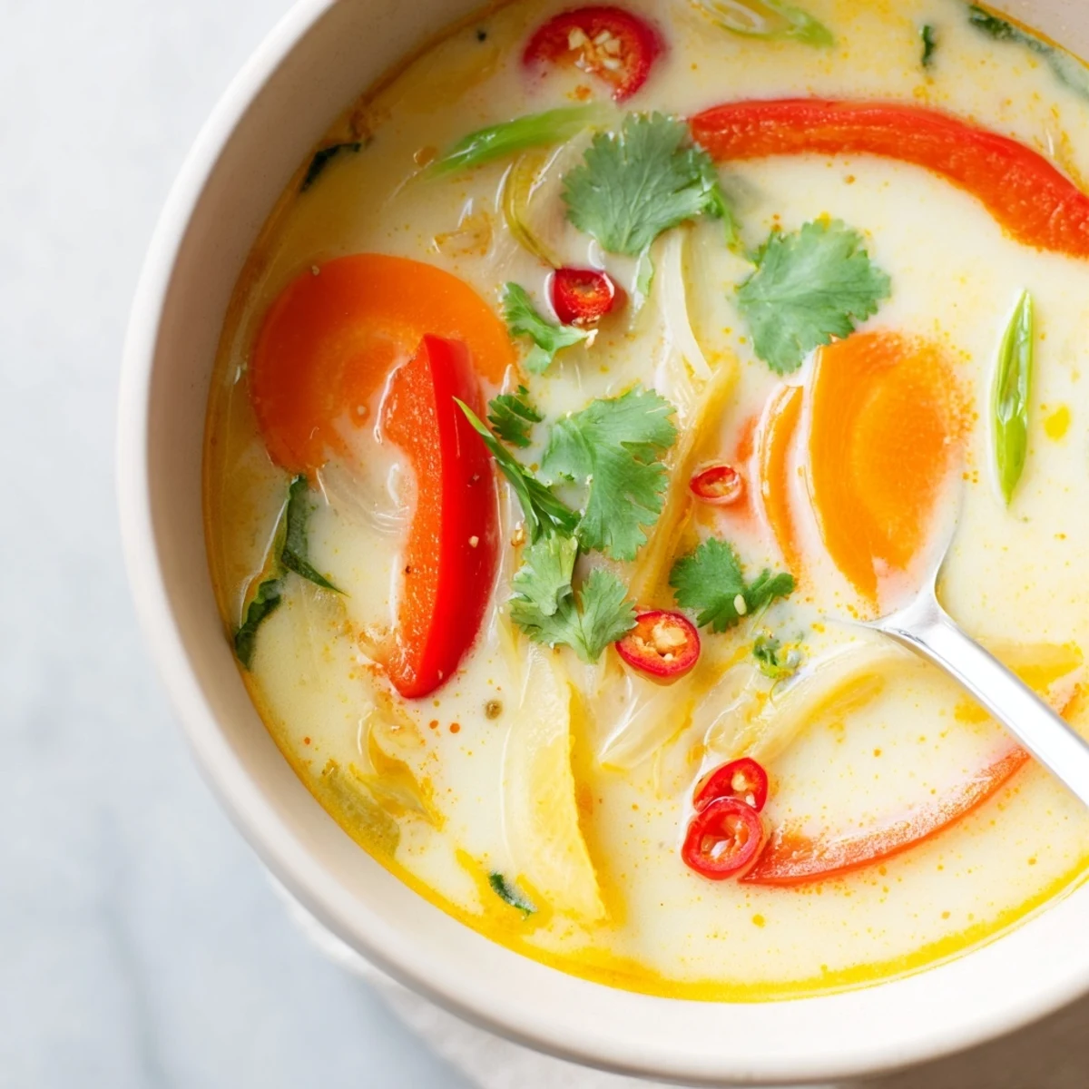 Creamy Ginger Lemongrass Coconut Soup with tender carrots, red pepper, and chili
