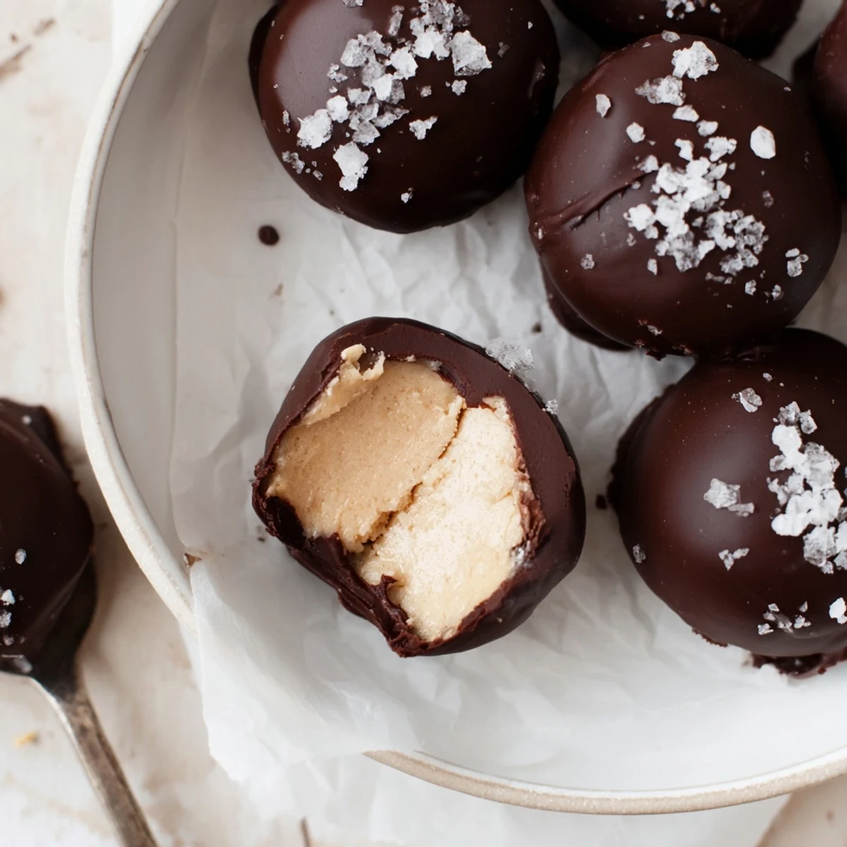 Frozen Peanut Butter Greek Yogurt Bites coated in dark chocolate, sprinkled with sea salt