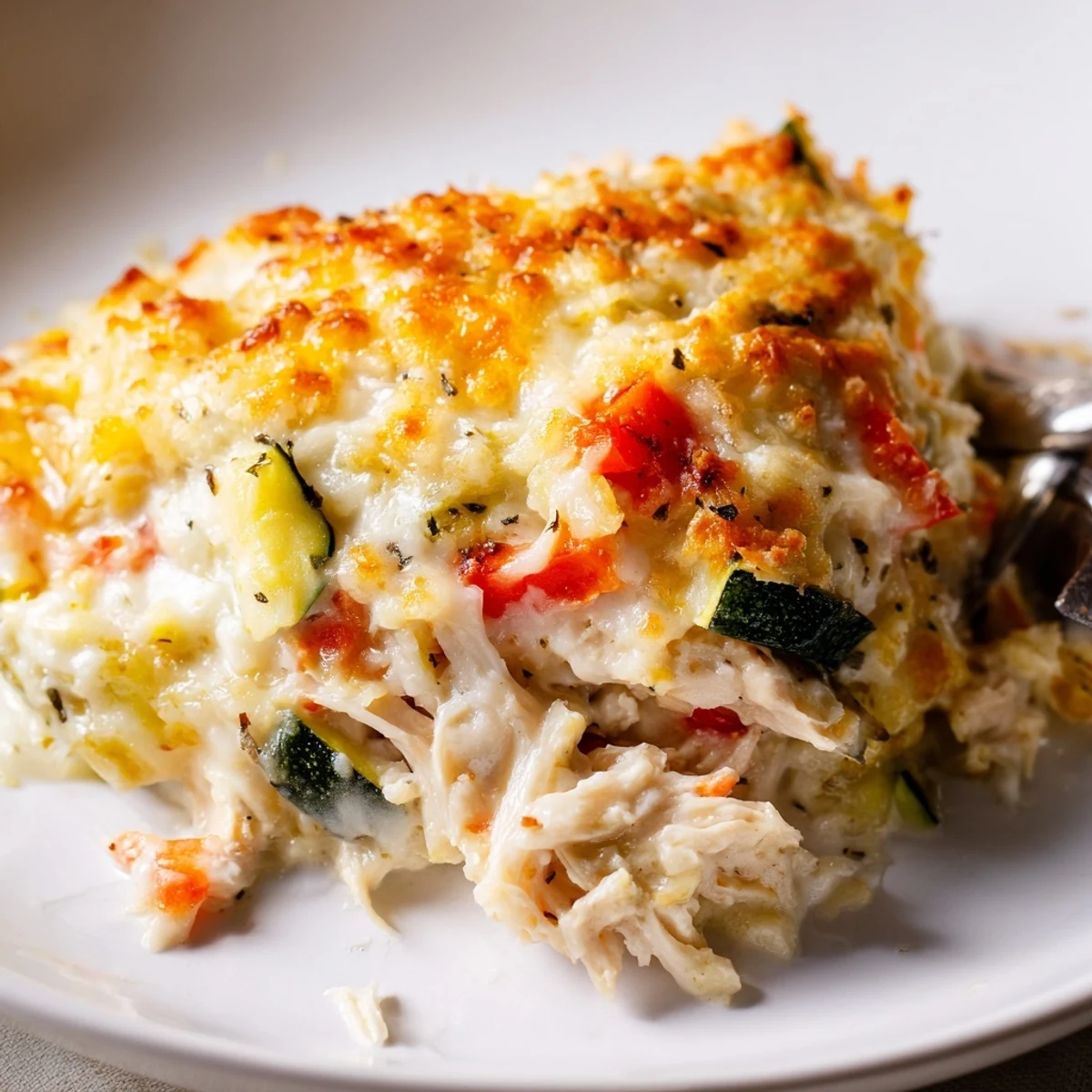 Sliced Family Friendly Chicken Zucchini Bake served with fresh green salad, warm and creamy