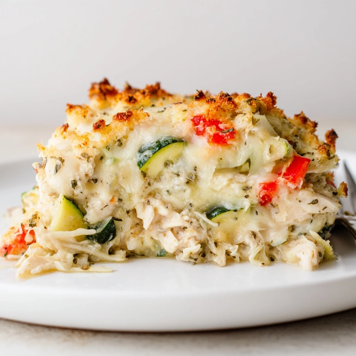 Oven-browned Family Friendly Chicken Zucchini Bake with bubbling cheesy top and tender bites