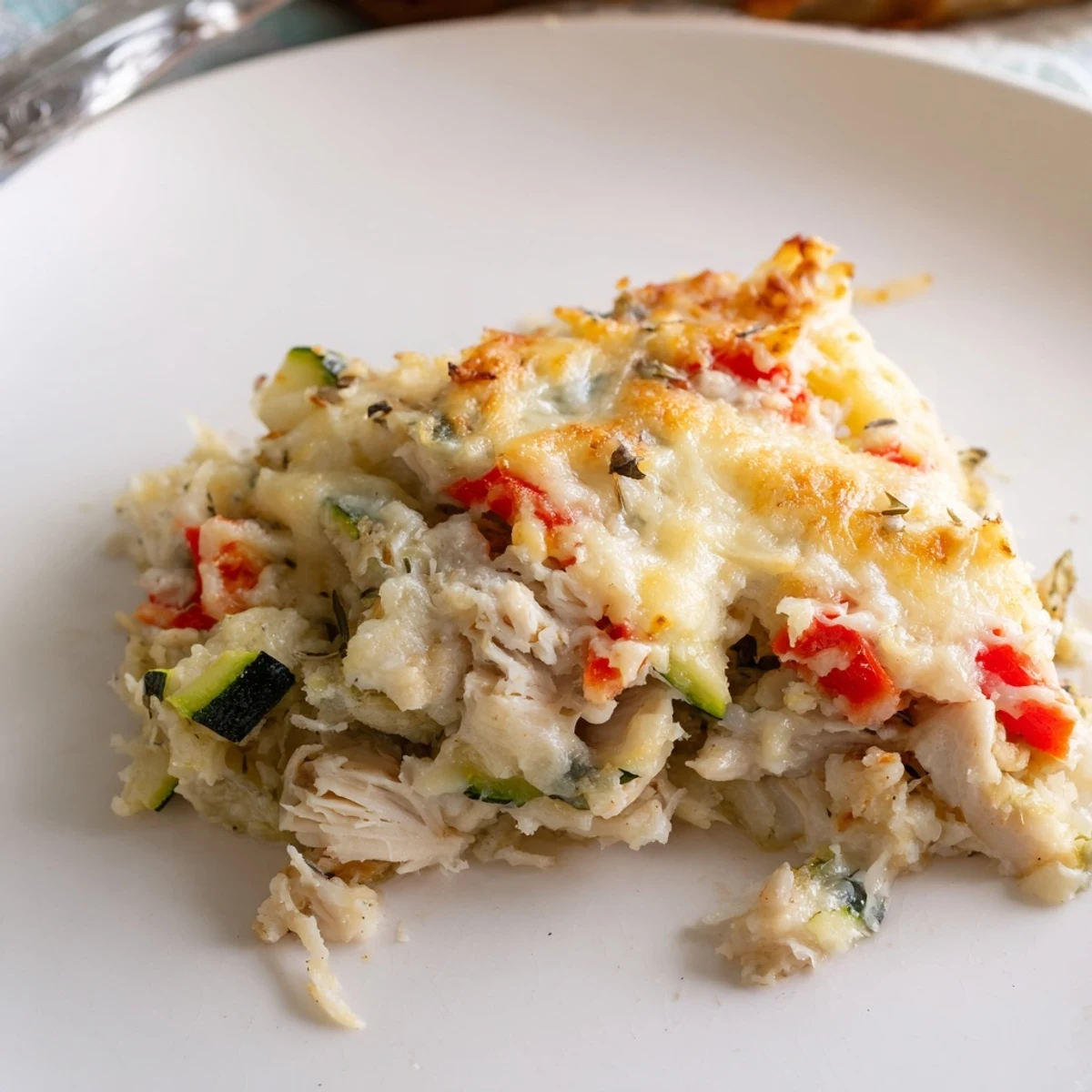 Family Friendly Chicken Zucchini Bake fresh from oven, zucchini half-moons and melted cheese