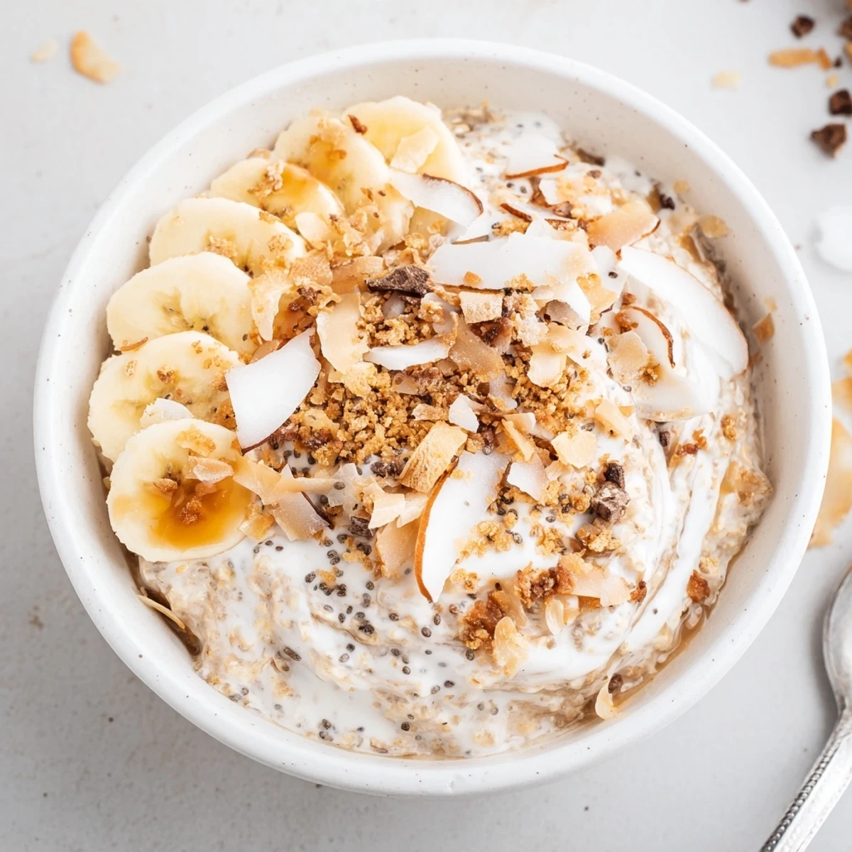 Jar of Coconut Cream Pie Overnight Oats chilled overnight, topped with graham crumbs  