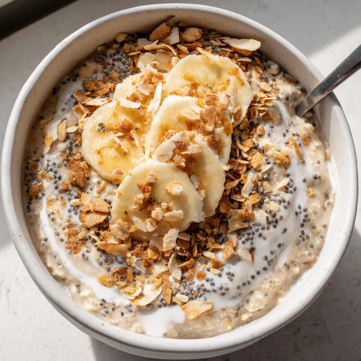 Creamy Coconut Cream Pie Overnight Oats spoon-ready, fragrant coconut, pineapple garnish