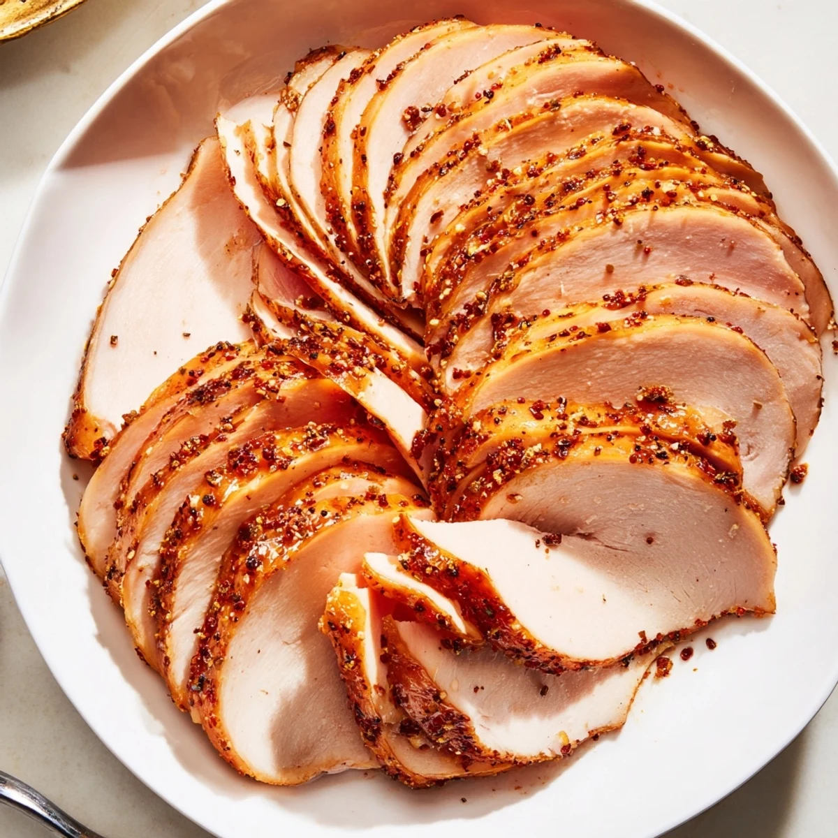 Homemade Sandwich Deli Meat sliced thin on rustic board, juicy edges.