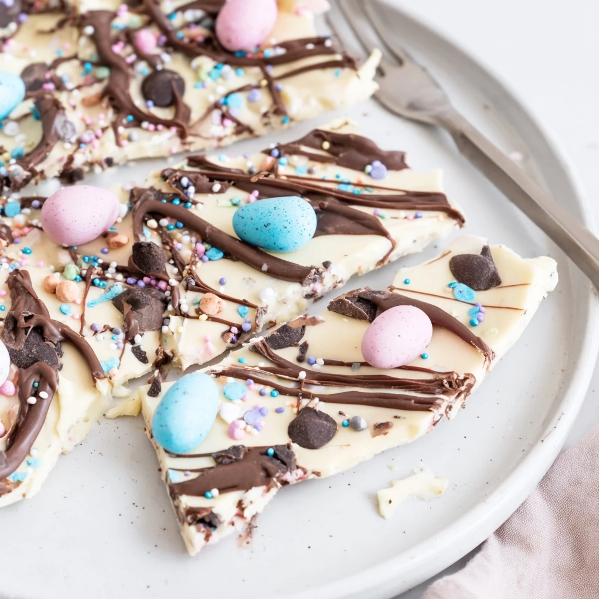 Robin Egg Easter Bark: glossy marbled white and milk chocolate studded with candies