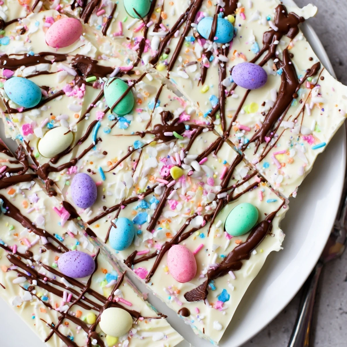 Chunky Robin Egg Easter Bark on parchment, pastel sprinkles and crunchy candies