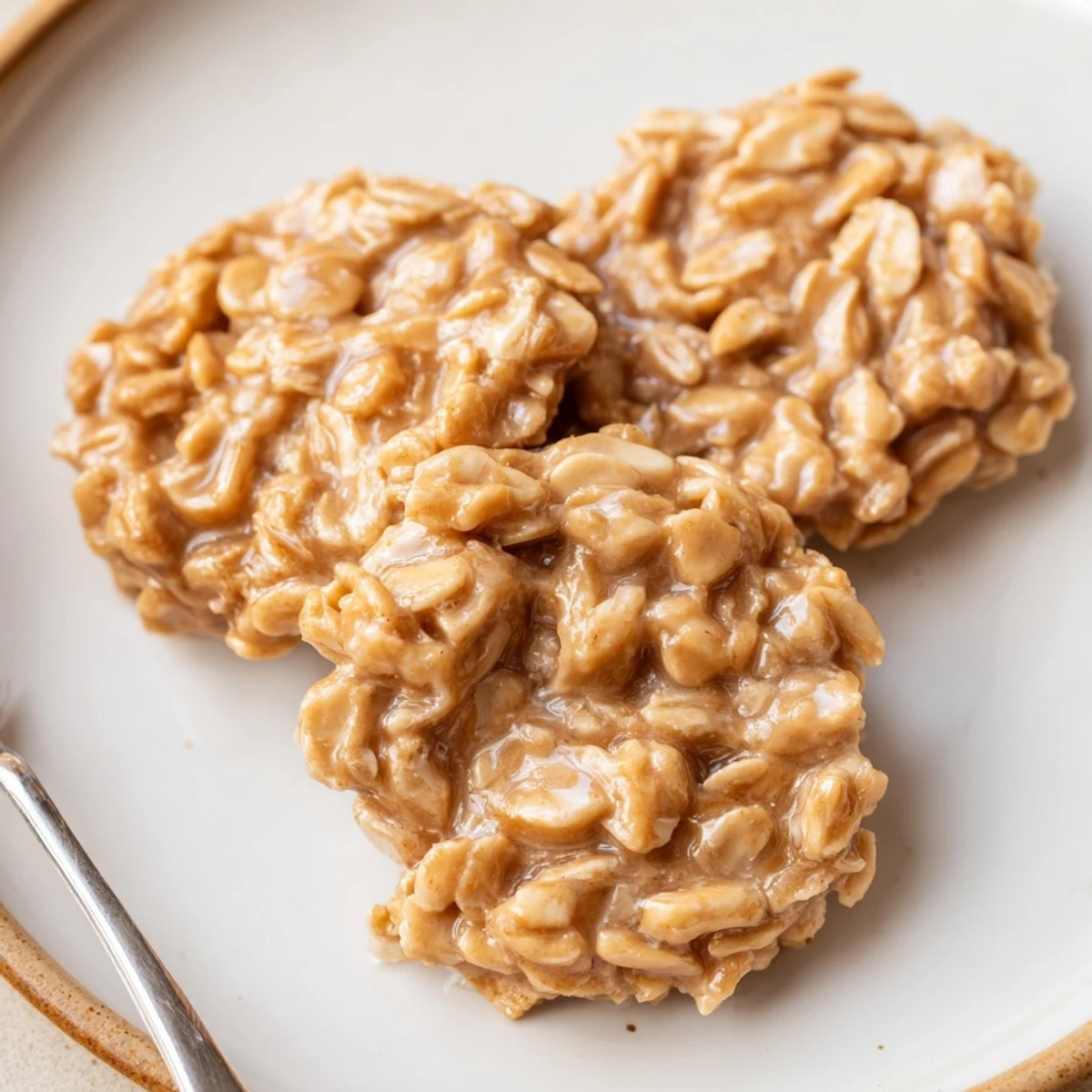 Warm Peanut Butter No Bake Cookies scooped on baking sheet, glossy centers  