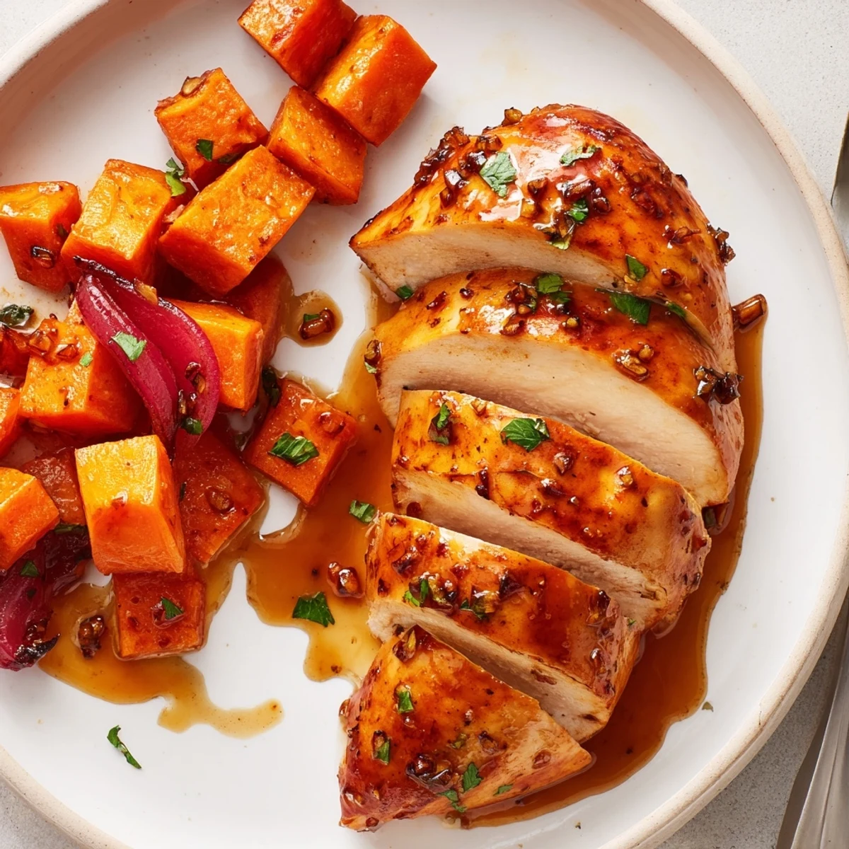 Sliced Honey Garlic Chicken and Sweet Potato plated with chopped parsley garnish.