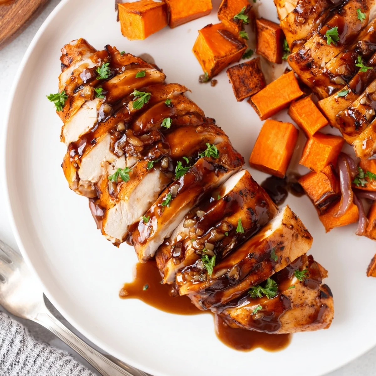 Oven-roasted Honey Garlic Chicken and Sweet Potato, glossy glaze and caramelized edges.