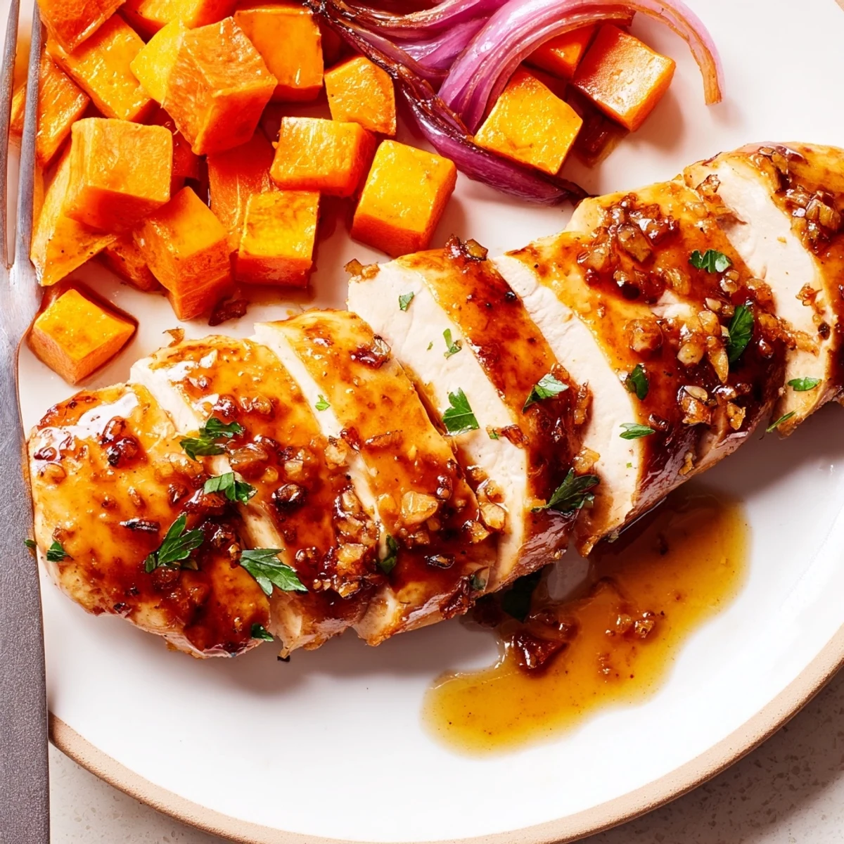 Steaming Honey Garlic Chicken and Sweet Potato served with steamed green beans.