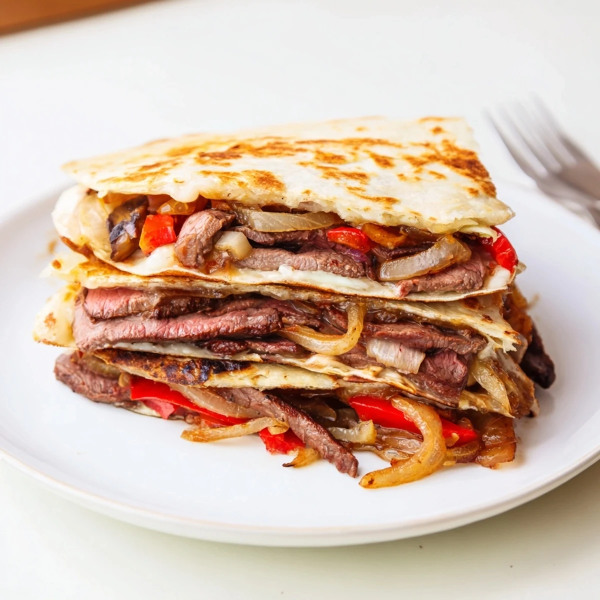 Skillet-cut slices of Crispy Steak Cheese Tortilla Melts, sizzling, gooey cheese.