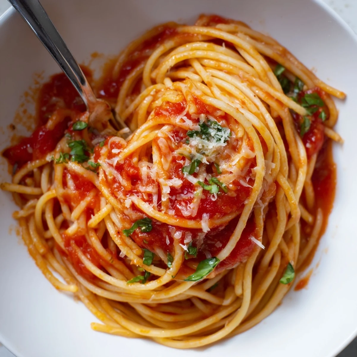 Pasta tossed in bright tomato and basil sauce, steaming on plate
