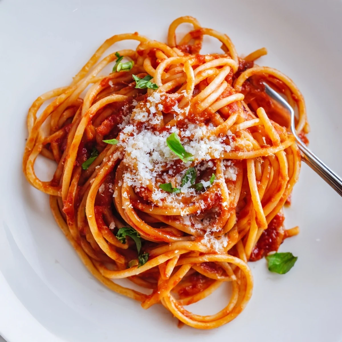 Simple weeknight Pasta plated with torn basil, olive oil drizzle, aromatic steam