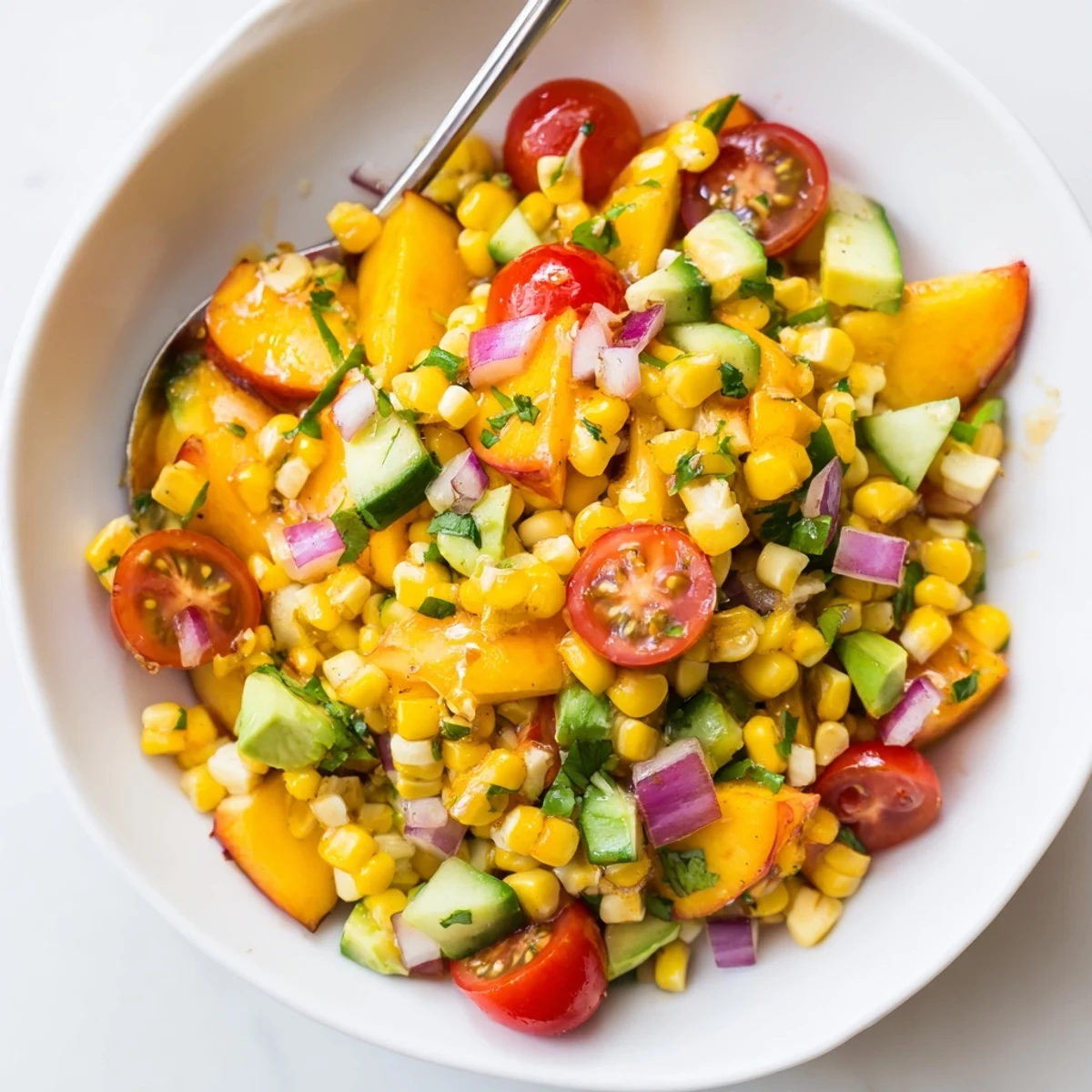 Grilled corn and avocado-topped Fresh Peach Corn Salad with Honey Lime Dressing, picnic-ready