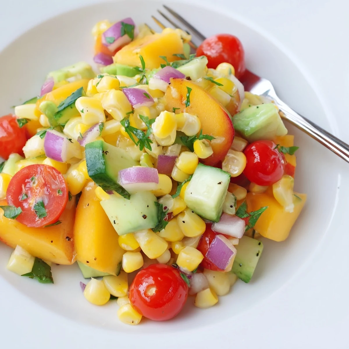 A vibrant bowl of Fresh Peach Corn Salad with Honey Lime Dressing, chilled