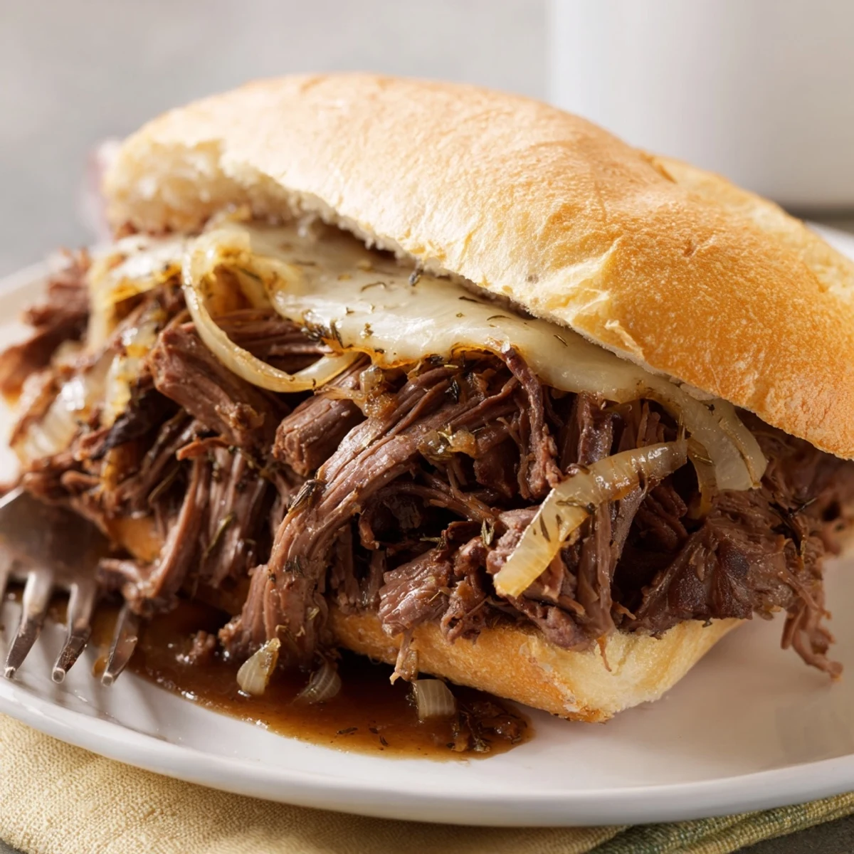 On toasted rolls, Crockpot French Dip Sandwiches topped with melted provolone.