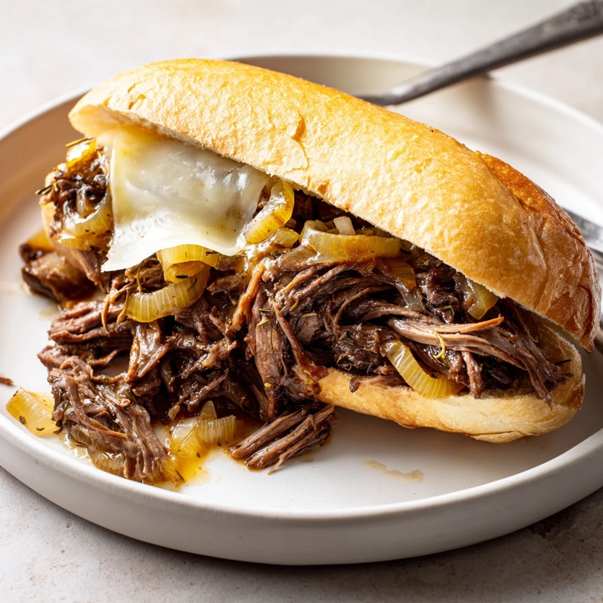 Crockpot French Dip Sandwiches with tender shredded beef and glossy au jus.