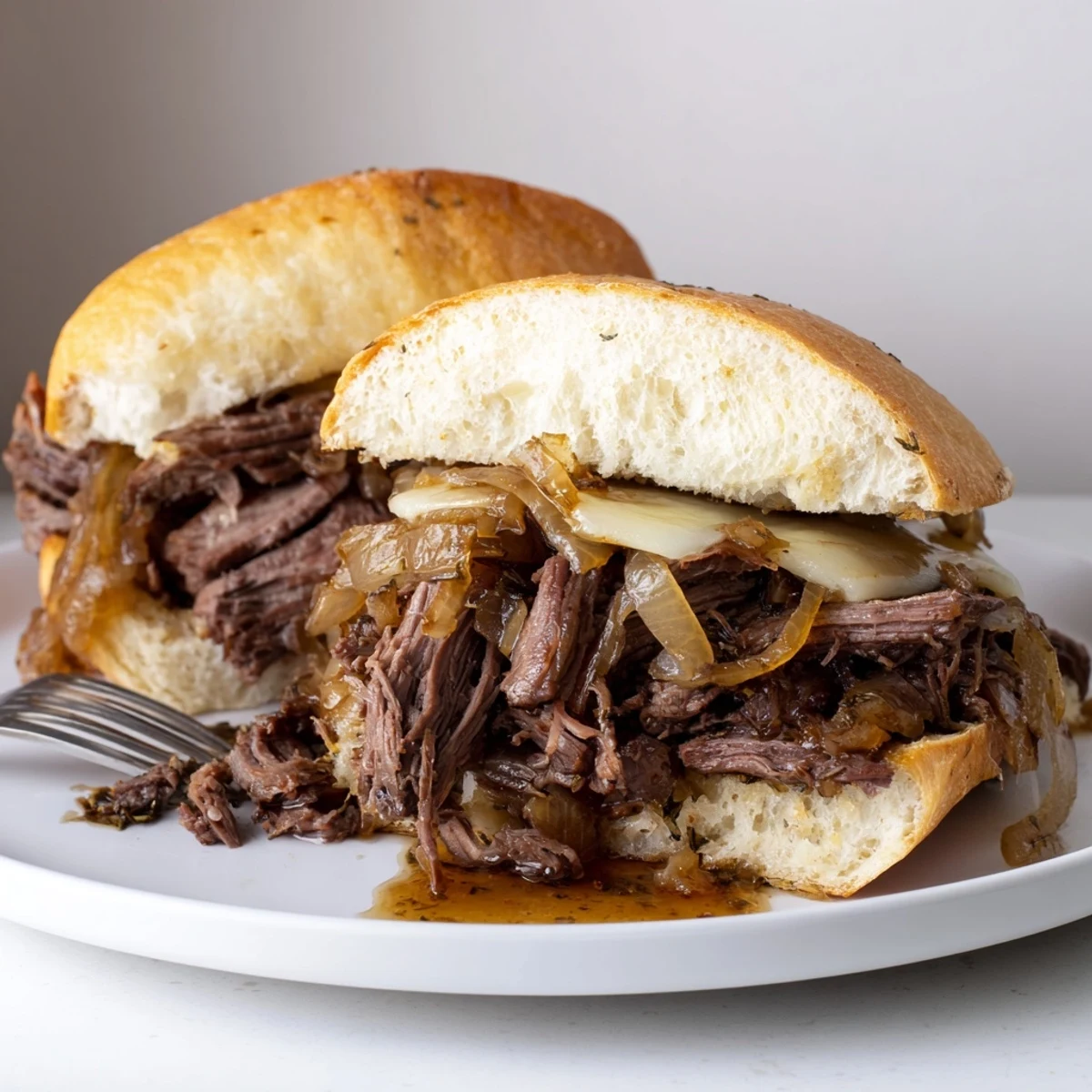 Slow-cooked Crockpot French Dip Sandwiches served hot with savory jus for dipping.