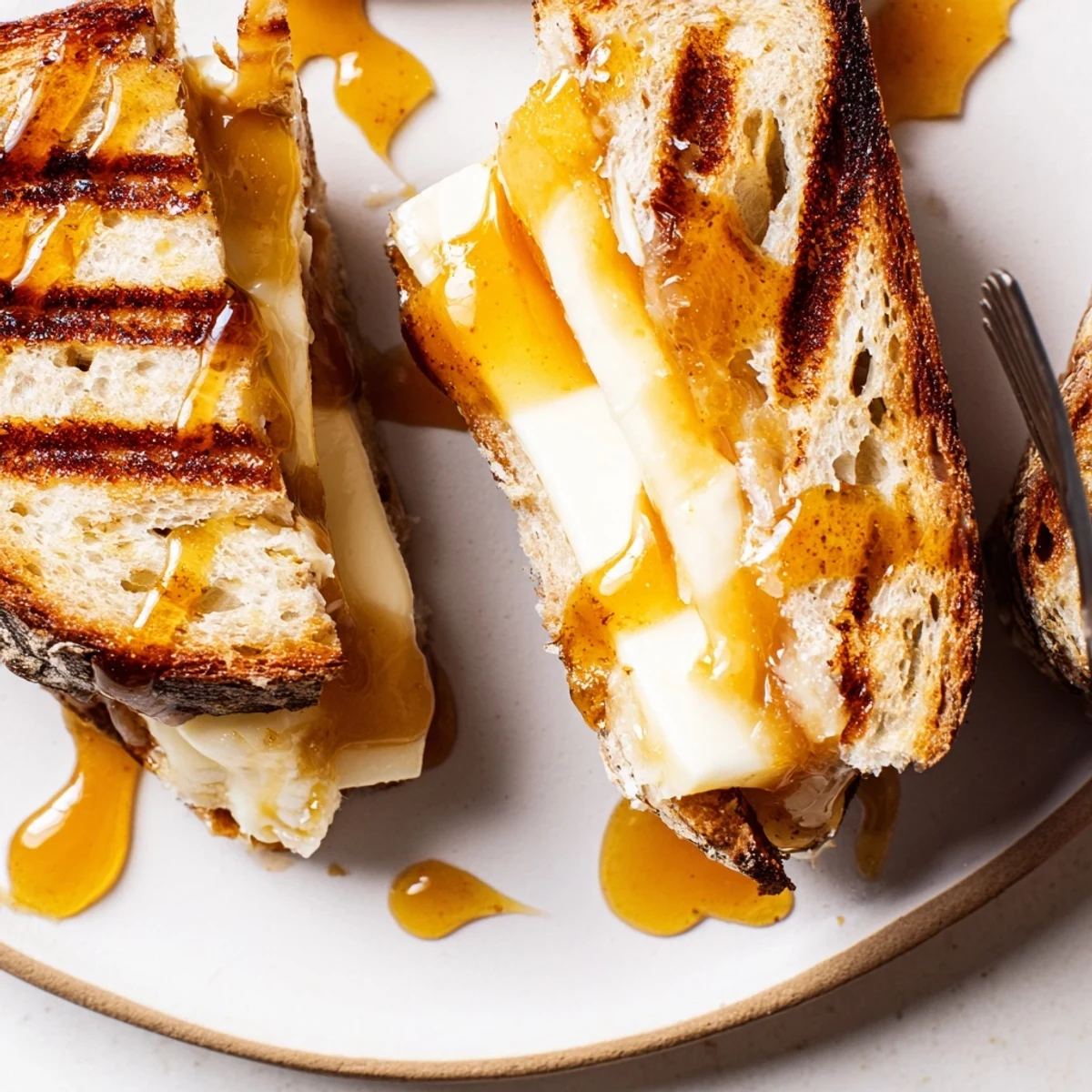 Sweet Savory Brie Grilled Cheese with Apricot Balsamic Drizzle, honey-balsamic glaze shining