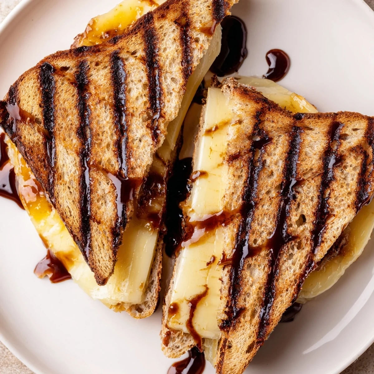 Warm Sweet Savory Brie Grilled Cheese with Apricot Balsamic Drizzle, sliced for sharing
