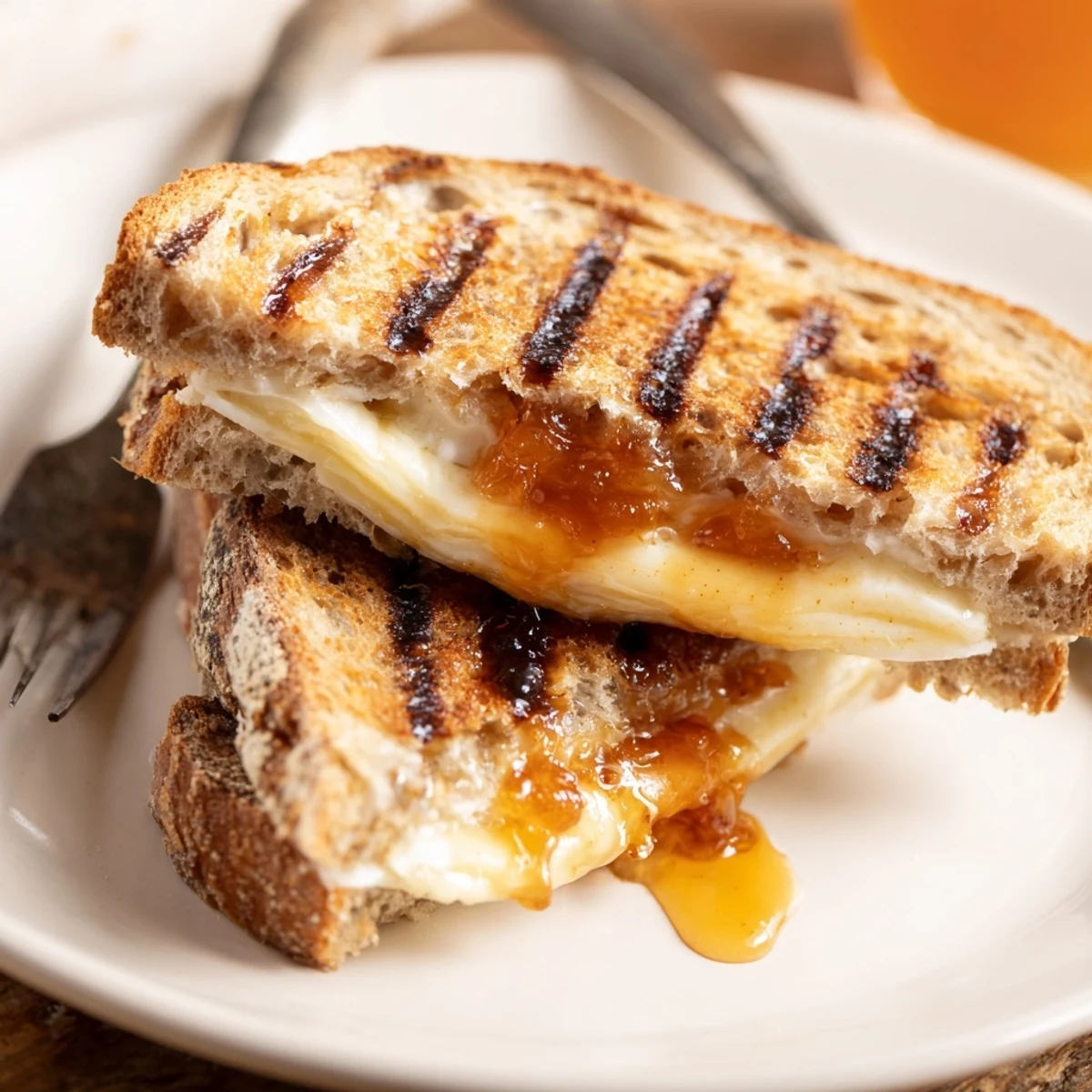 Gooey center on Sweet Savory Brie Grilled Cheese with Apricot Balsamic Drizzle