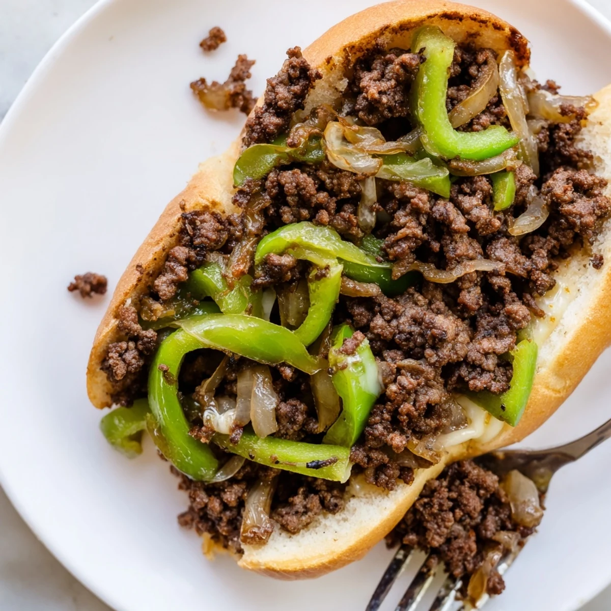 Hot Ground Beef Philly Cheesesteaks piled high, savory onions and gooey cheese