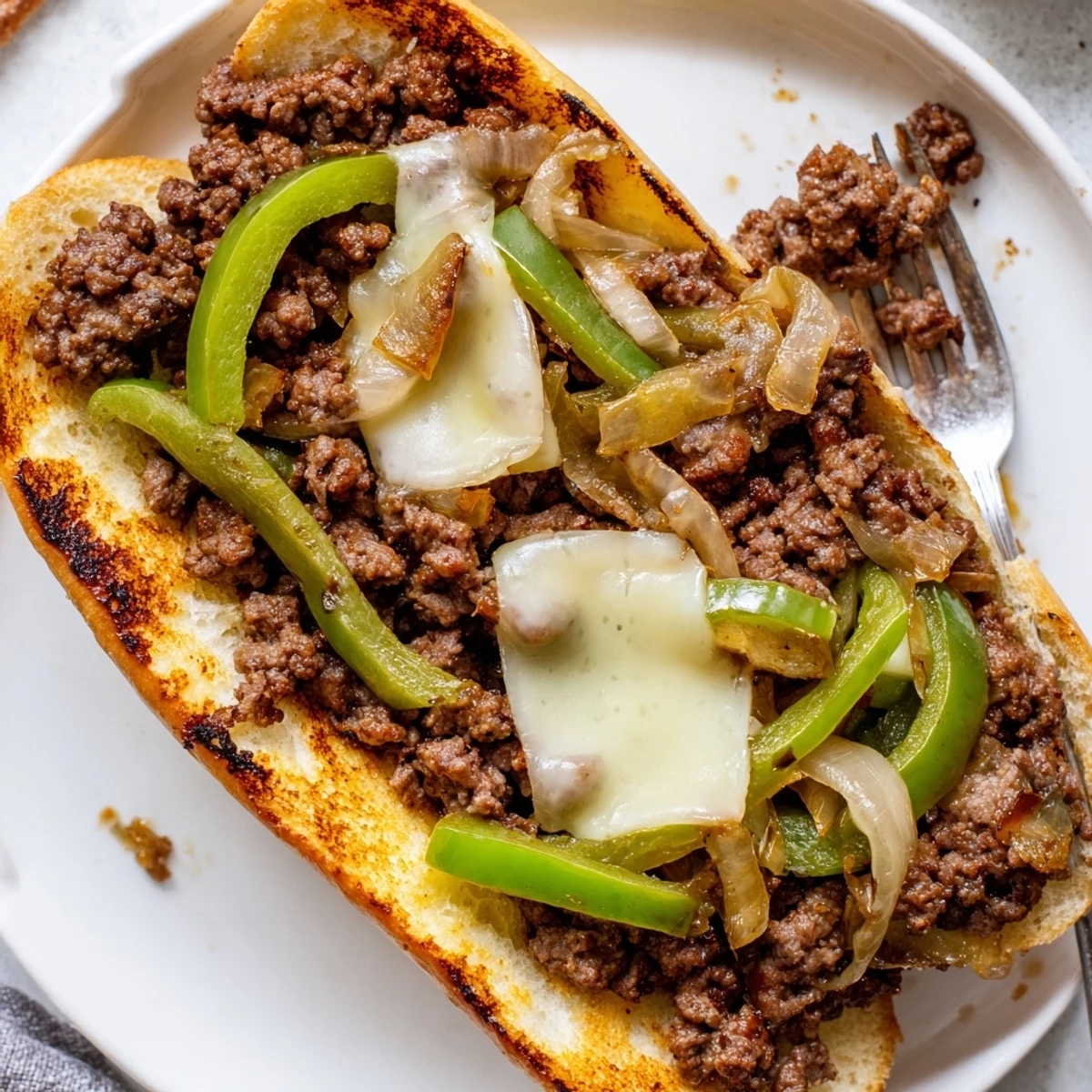 Ground Beef Philly Cheesesteaks with melted provolone, sautéed peppers on toasted rolls