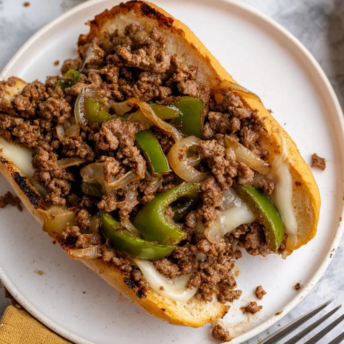 Family-style Ground Beef Philly Cheesesteaks served immediately, crispy rolls and smoky flavor