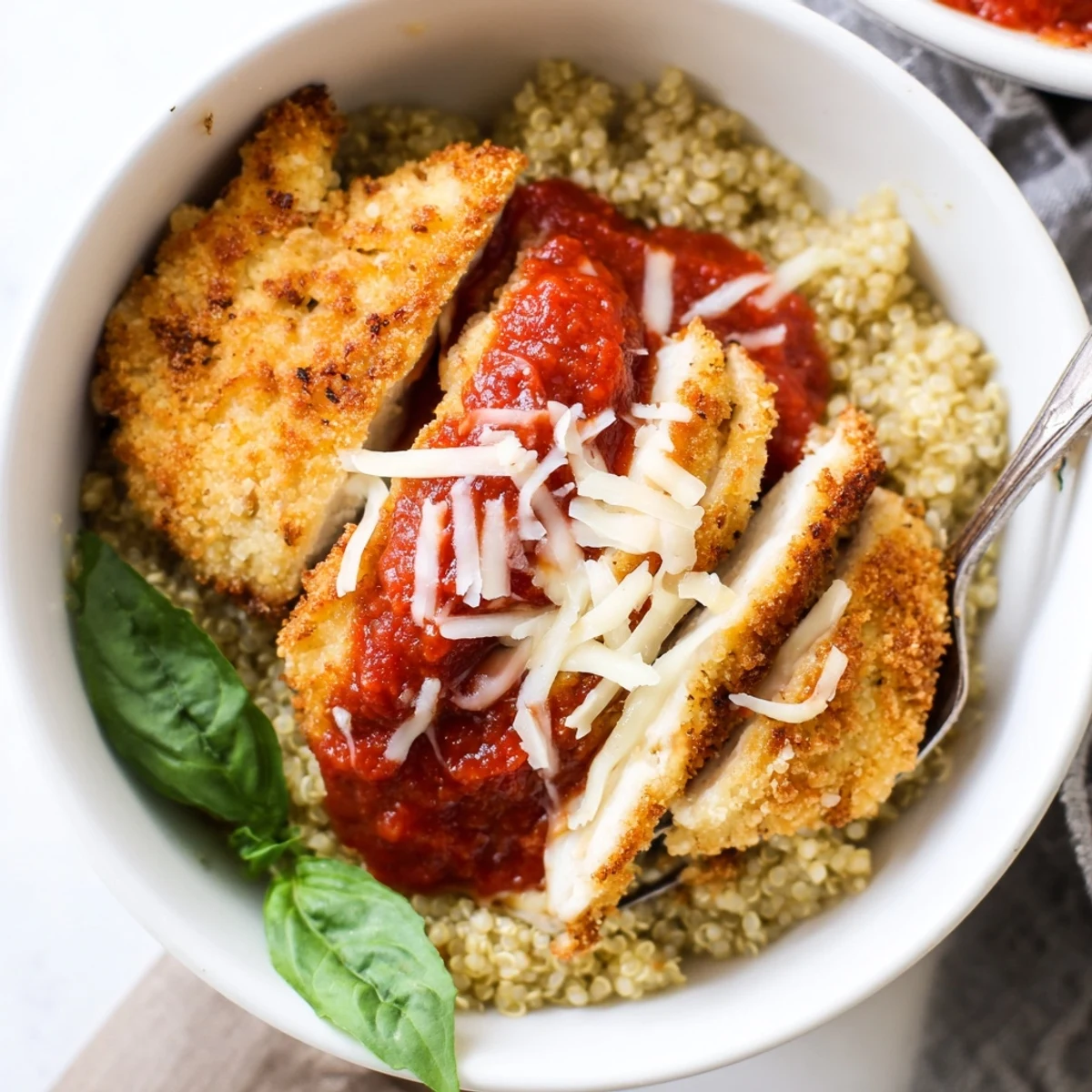 Oven baked Super Yummy Cottage Cheese Chicken Parm Bowl over quinoa, steaming