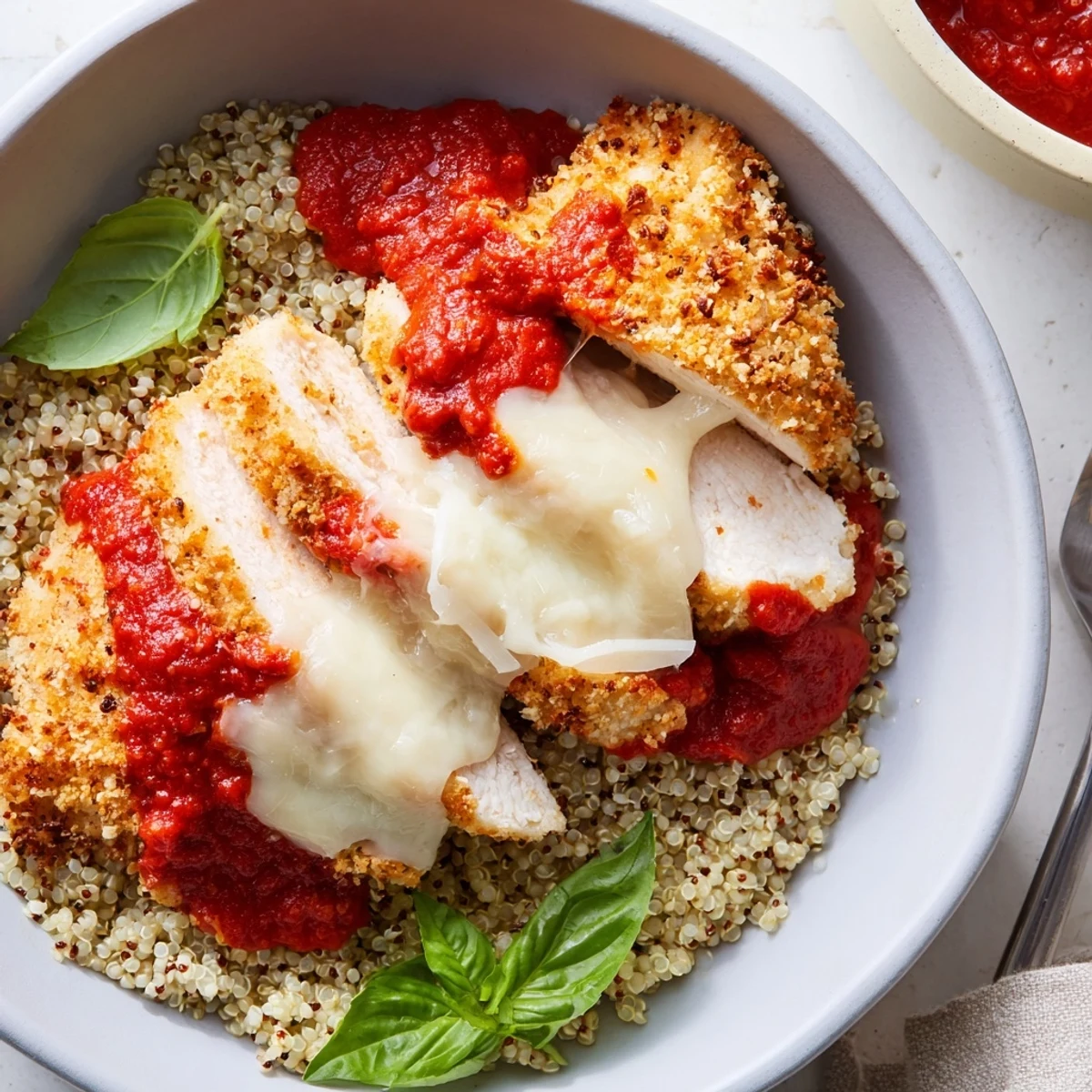 Golden, melty Super Yummy Cottage Cheese Chicken Parm Bowl with basil