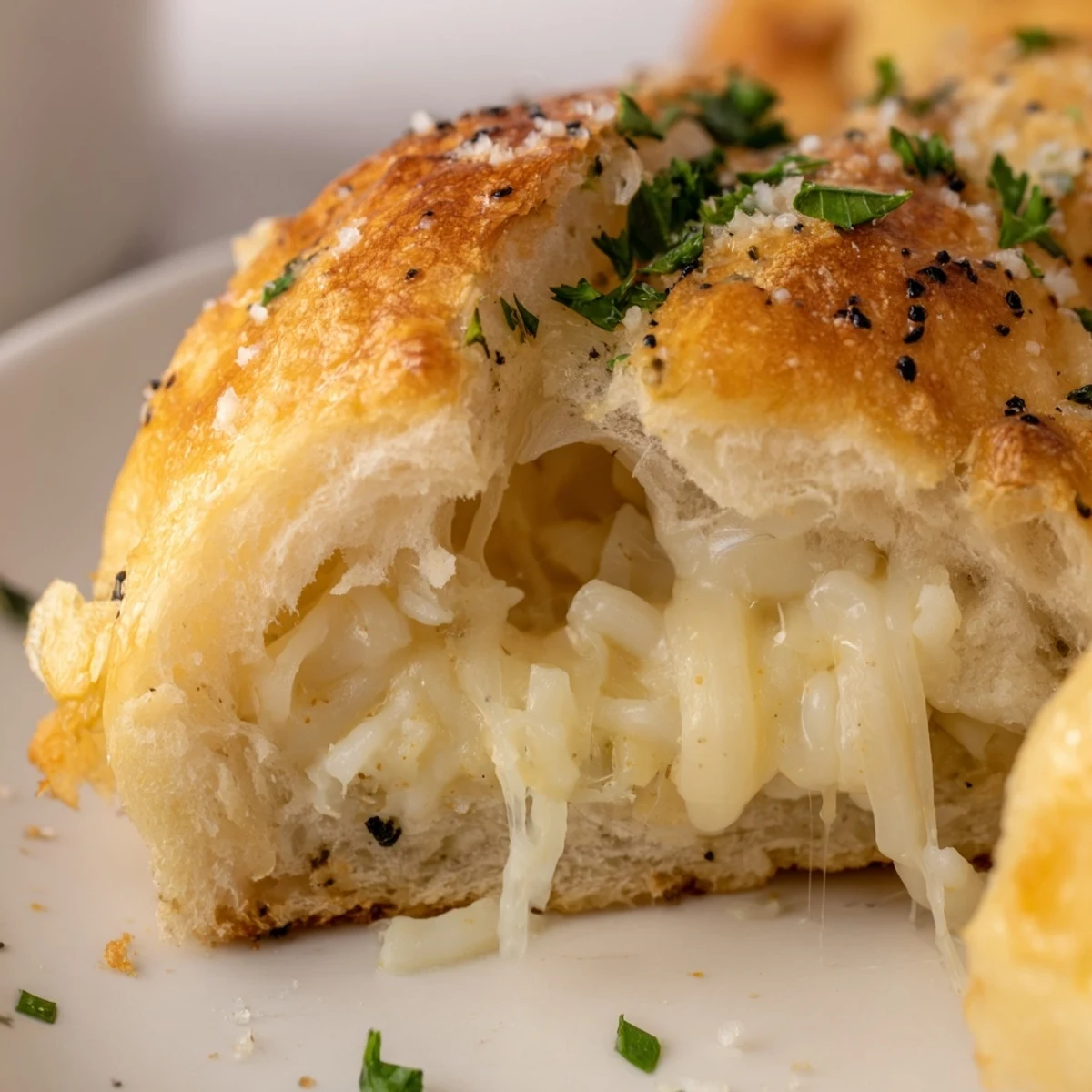 Close-up of Triple Cheese Garlic Stuffed Bread Bites showing gooey cheese center
