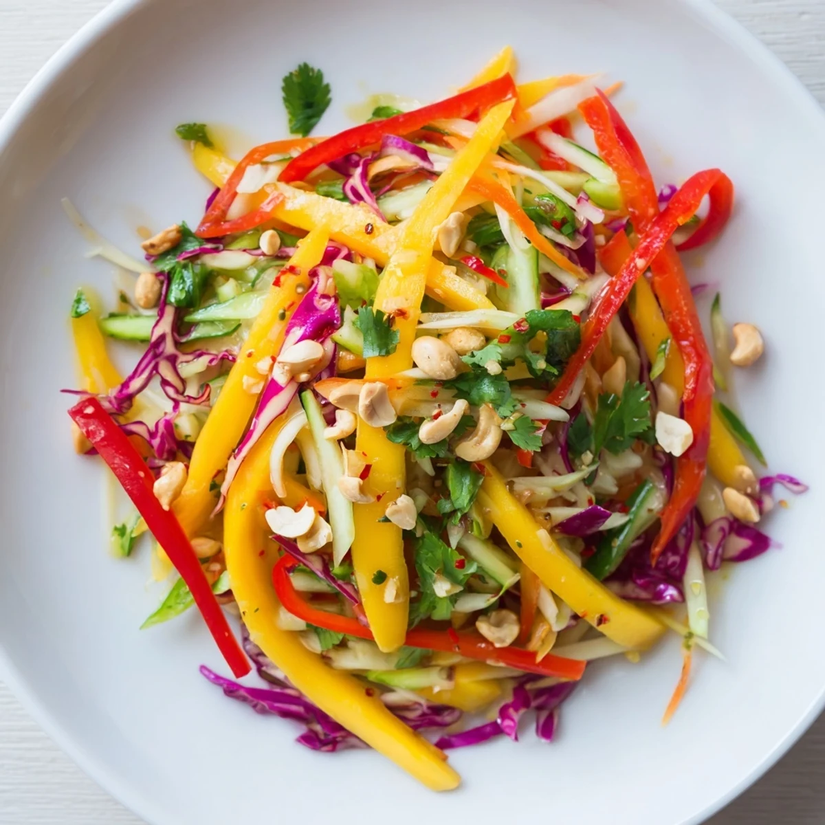 Bright Mango Slaw Recipe tossed with cilantro, toasted cashews, and chili