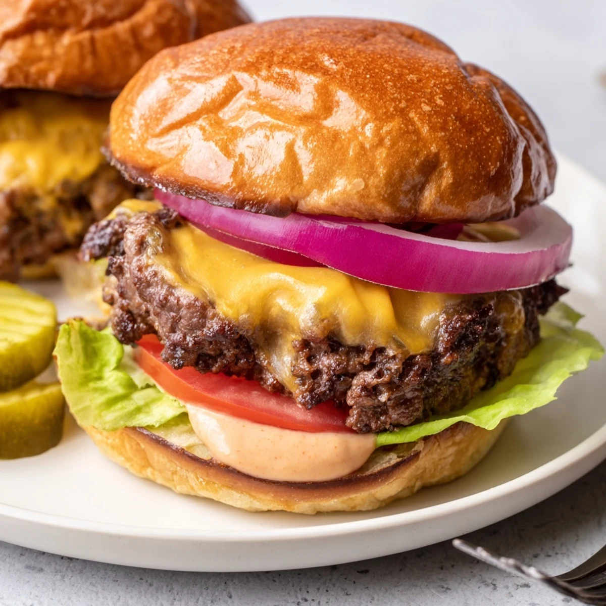 Griddle-seared Cheesy Smash Burgers topped with pickles, onions, tomato, ready to eat  