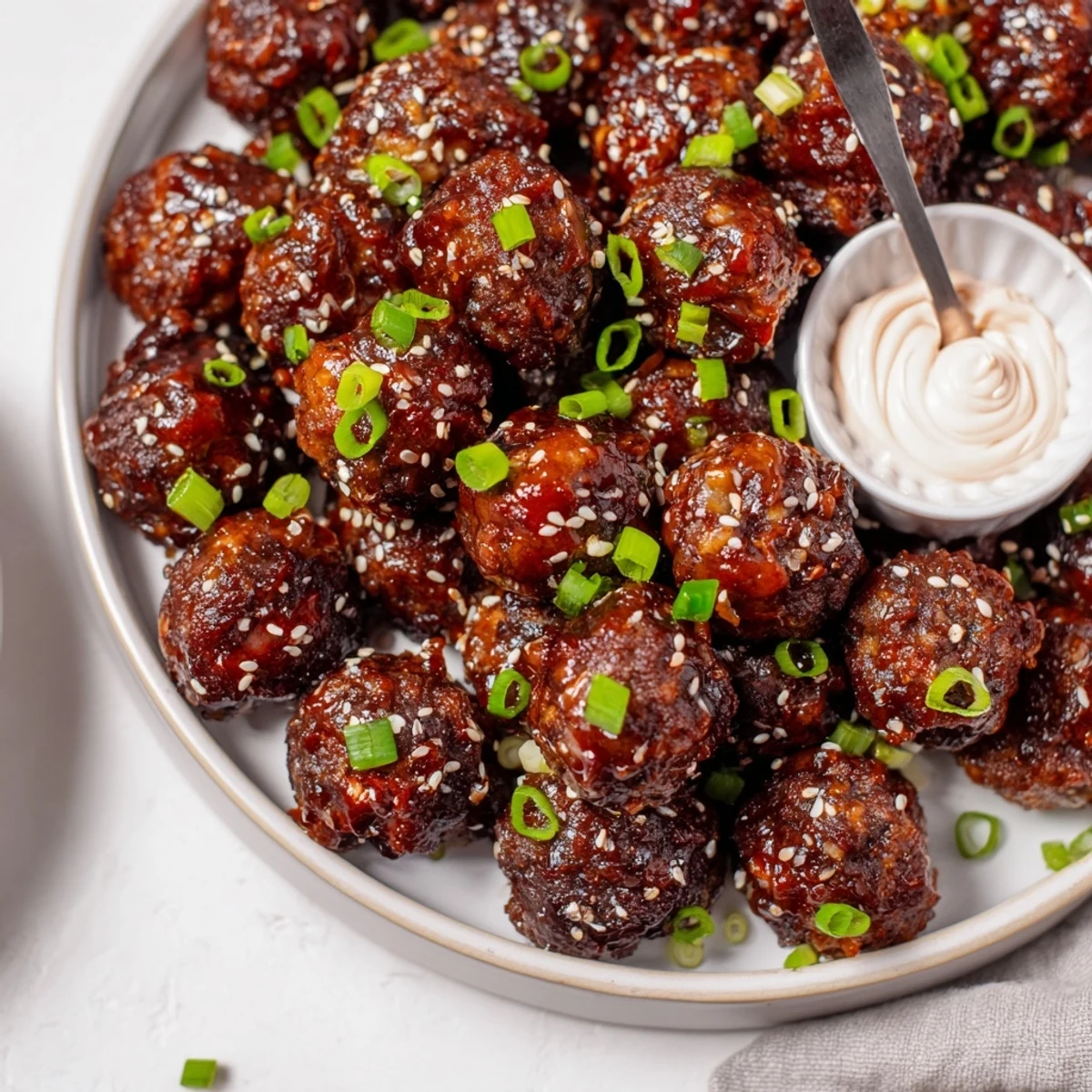 Korean BBQ Meatballs With Spicy Mayo Dip, sticky glazed and topped with sesame seeds