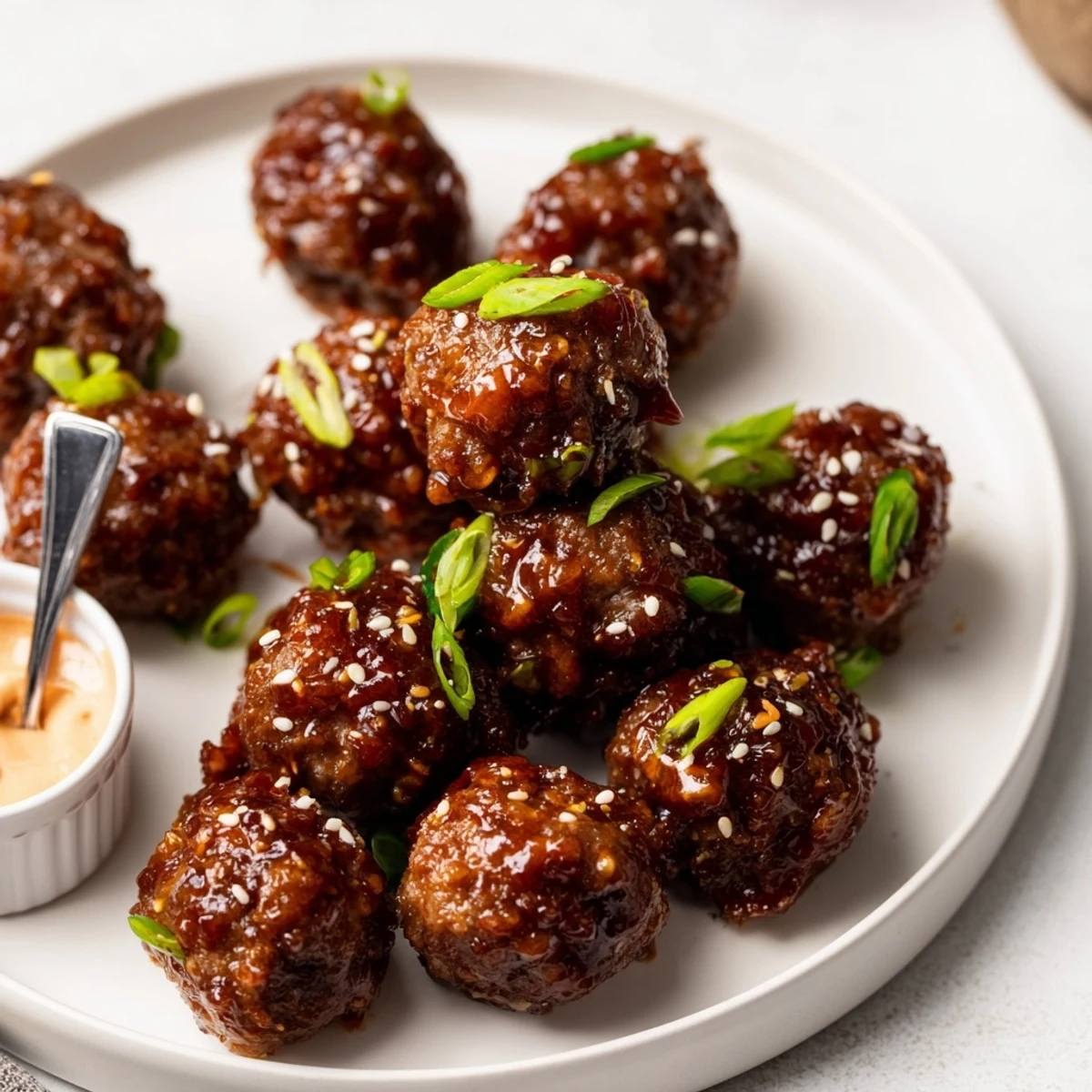 Warm Korean BBQ Meatballs With Spicy Mayo Dip piled on a wooden platter