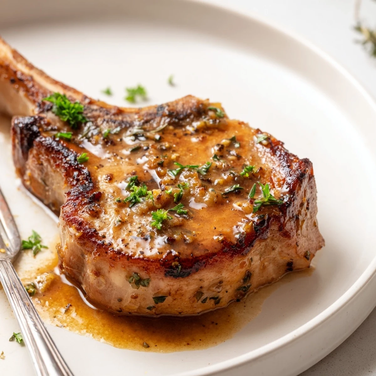 Juicy herb seasoned Tasty Turkey Chops resting on plate with parsley garnish.