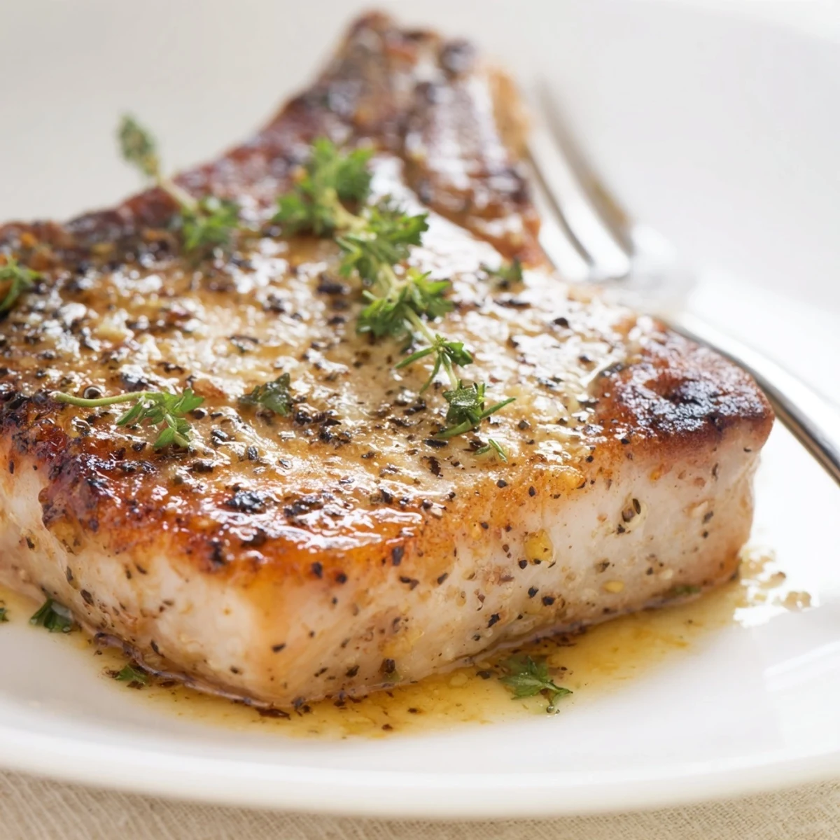 Pan seared Tasty Turkey Chops finished in lemon Dijon sauce, plated with vegetables.