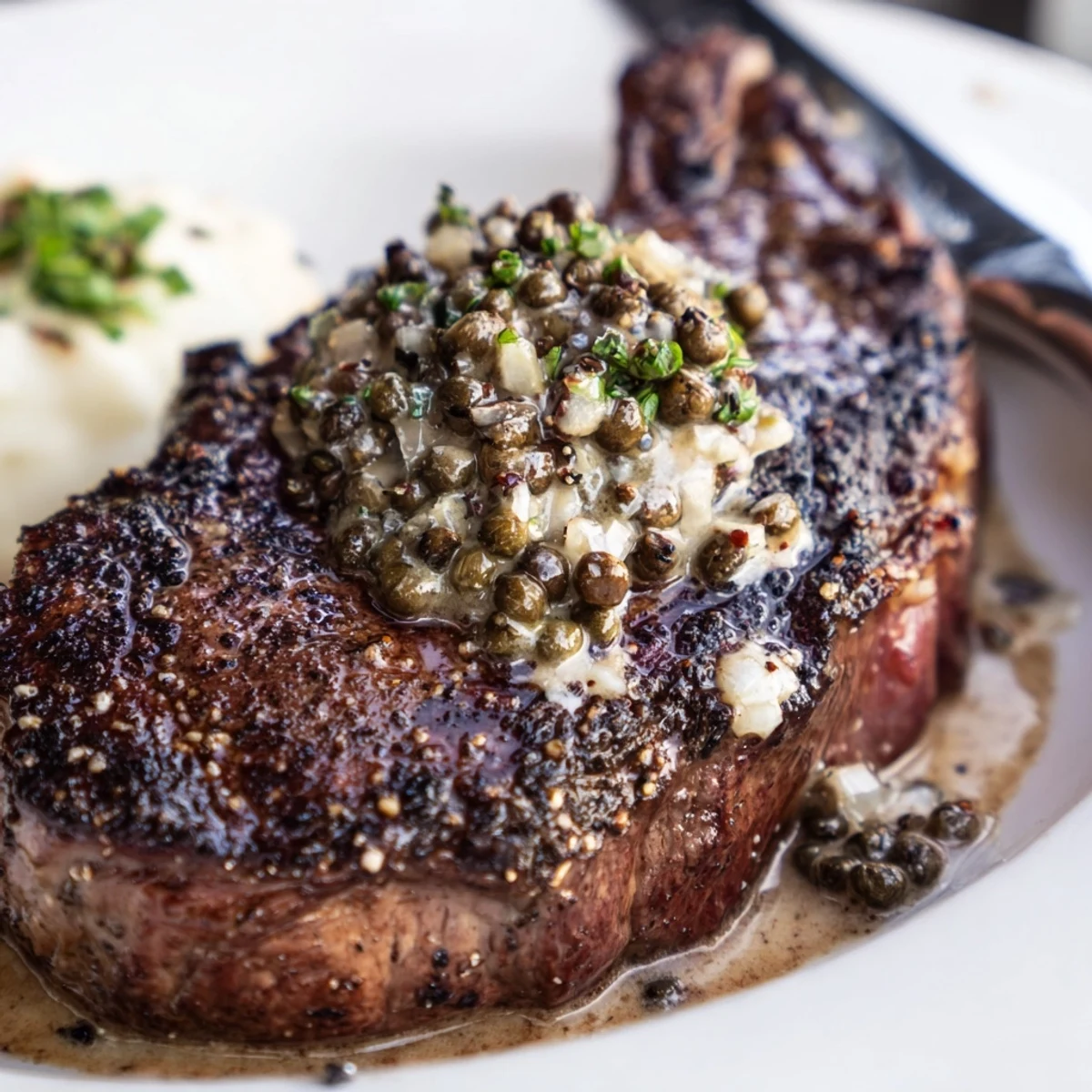 Creamy Peppercorn Steak with seared crust and glossy green peppercorn sauce