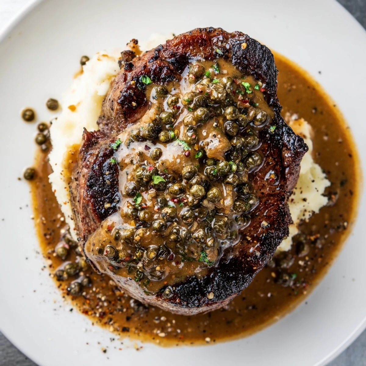 Sliced Creamy Peppercorn Steak resting on mashed potatoes, creamy sauce dripping