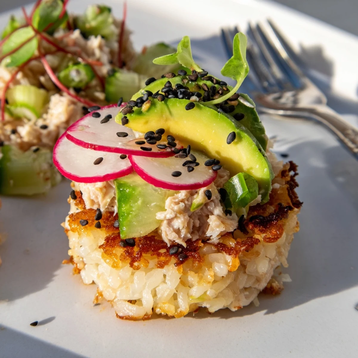 Golden brown patties topped with Crispy Rice Tuna Salad, creamy avocado slices