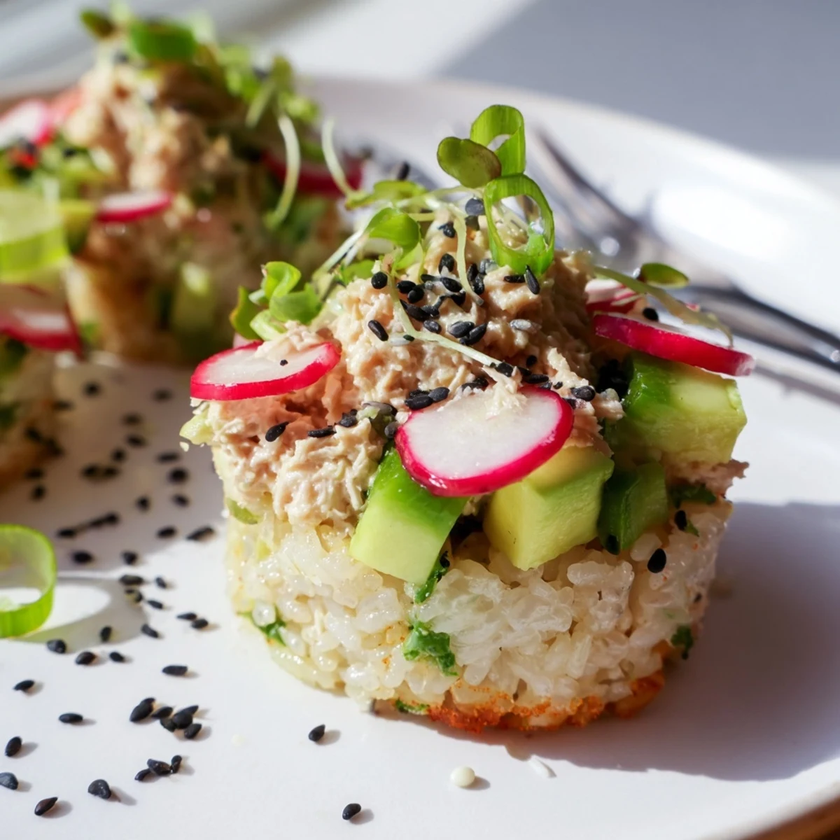 Bite sized Crispy Rice Tuna Salad garnished with crunchy cucumber and sesame