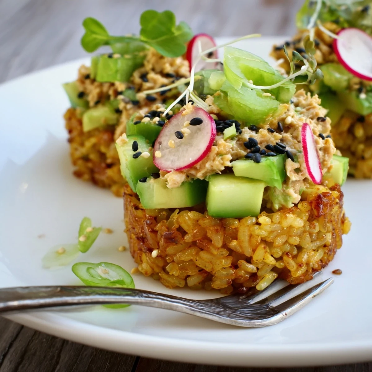 Crispy Rice Tuna Salad served hot for lunch with tangy sriracha drizzle