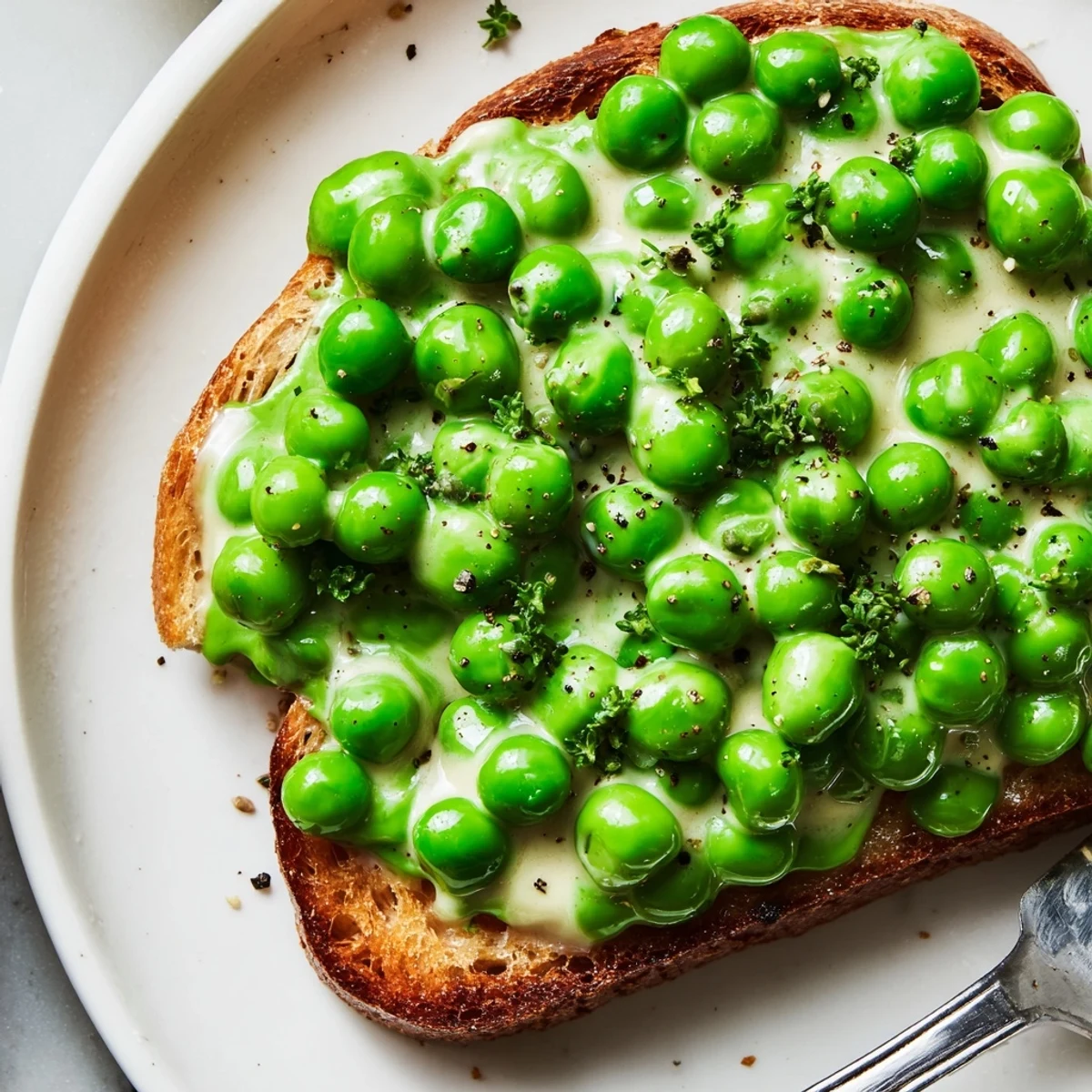 Generous Creamed Peas on Toast, velvety sauce pooling on crisp sourdough slice